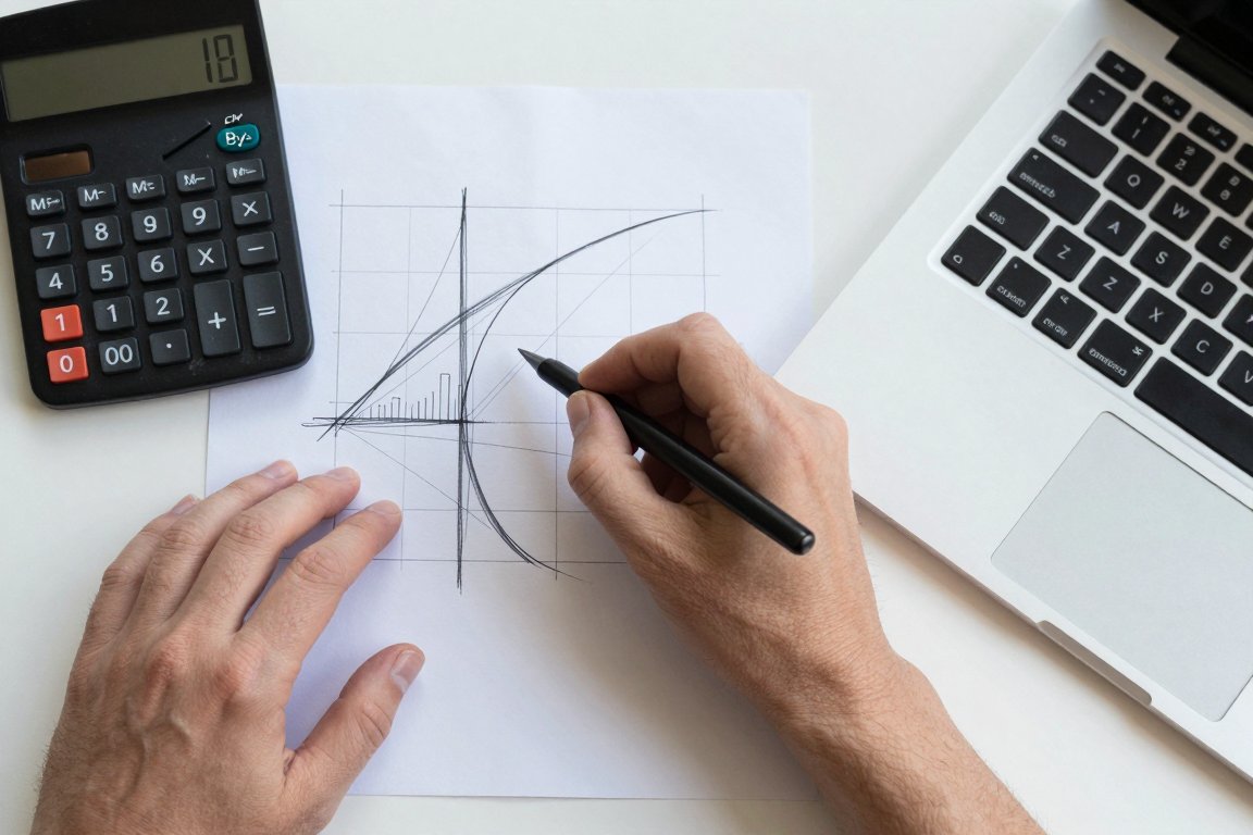 Hands sketching a growth chart on paper beside a calculator and a laptop