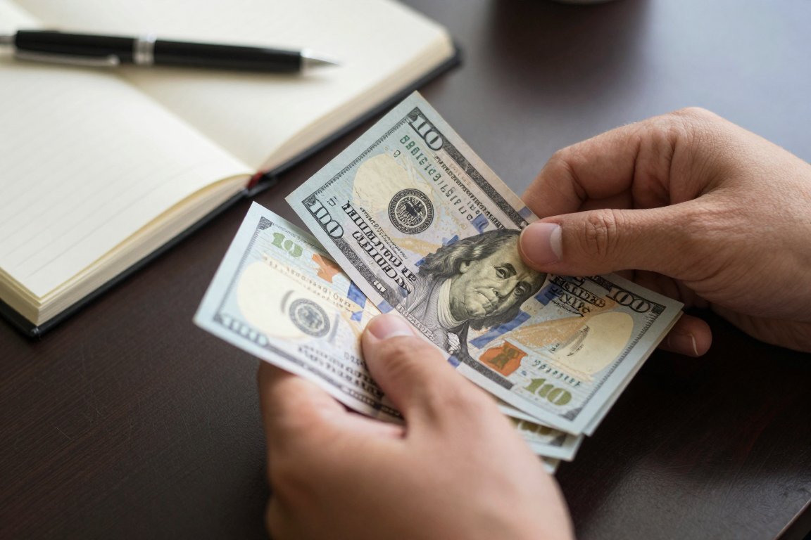 Hands counting banknotes over an open notebook on a desk