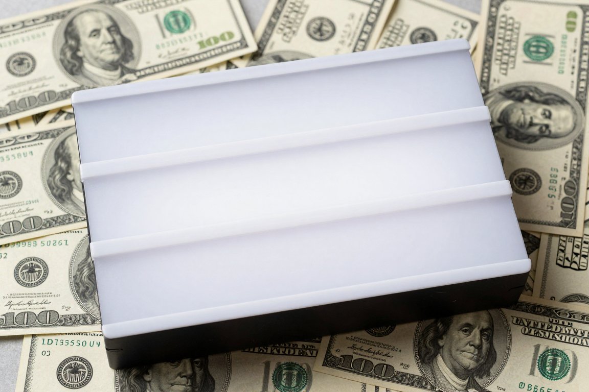 A blank light box resting on a spread of banknotes