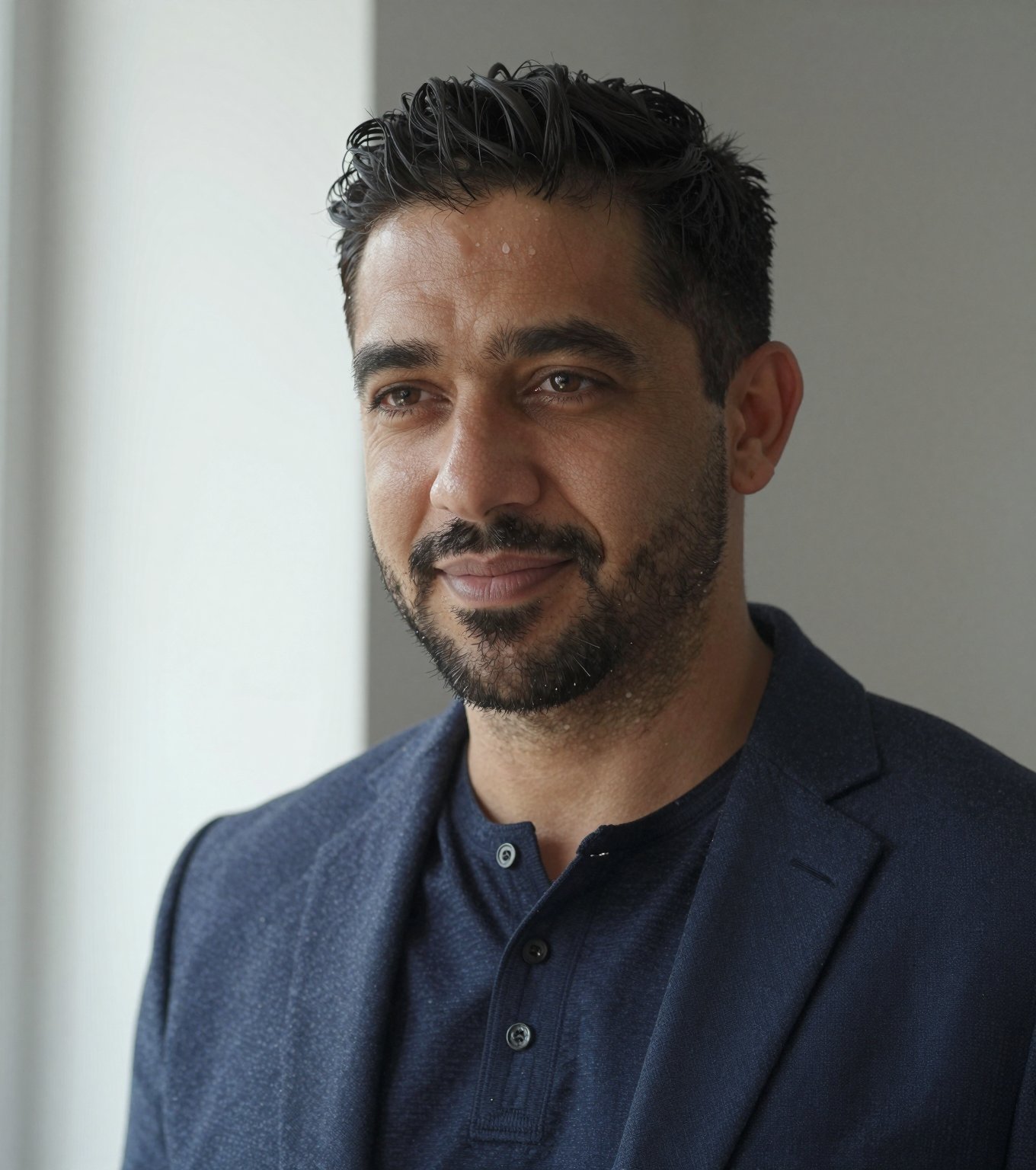 Designer in a navy jacket standing by a bright window with a relaxed smile