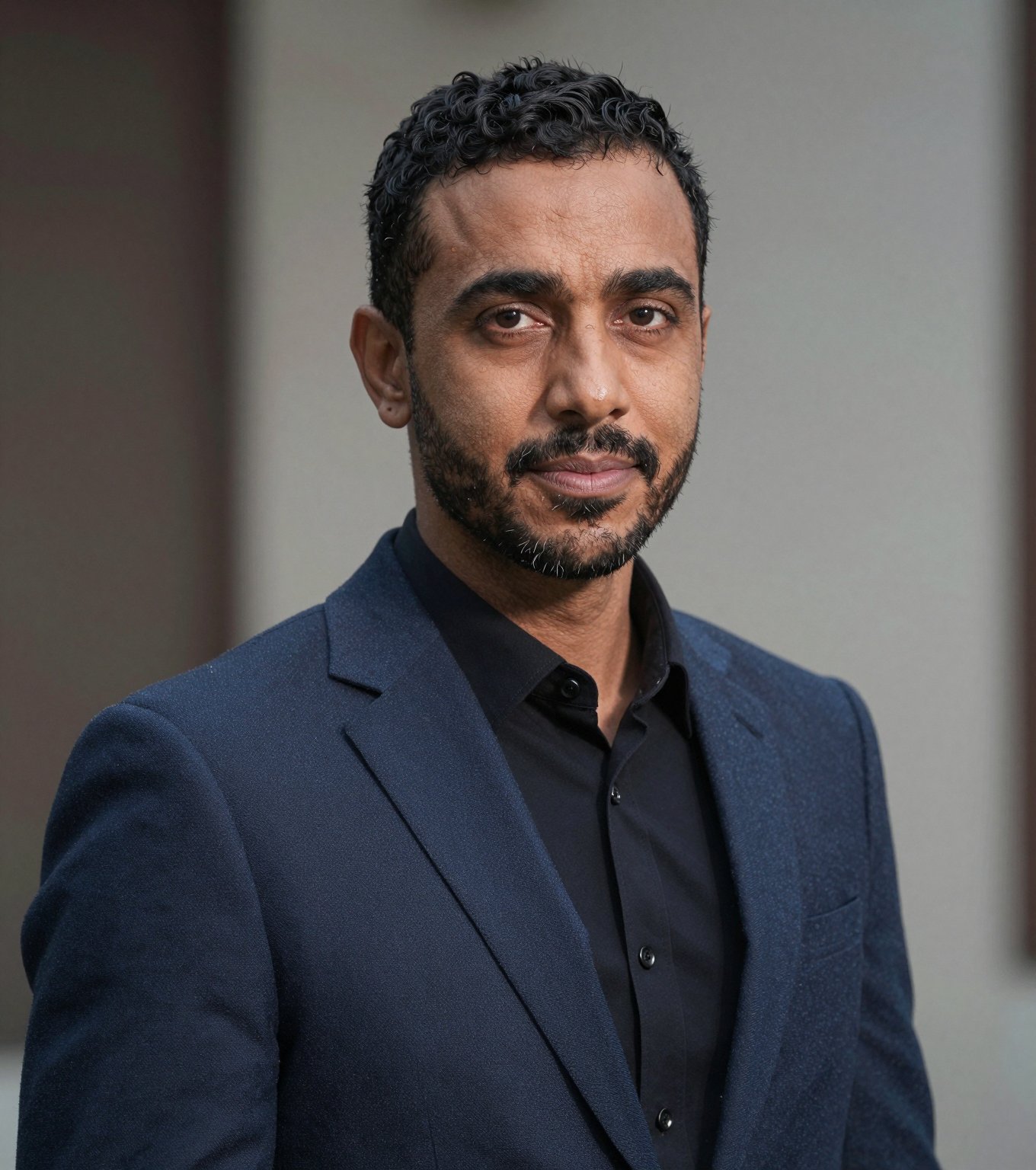 Designer in a navy blazer and black shirt looking at the camera