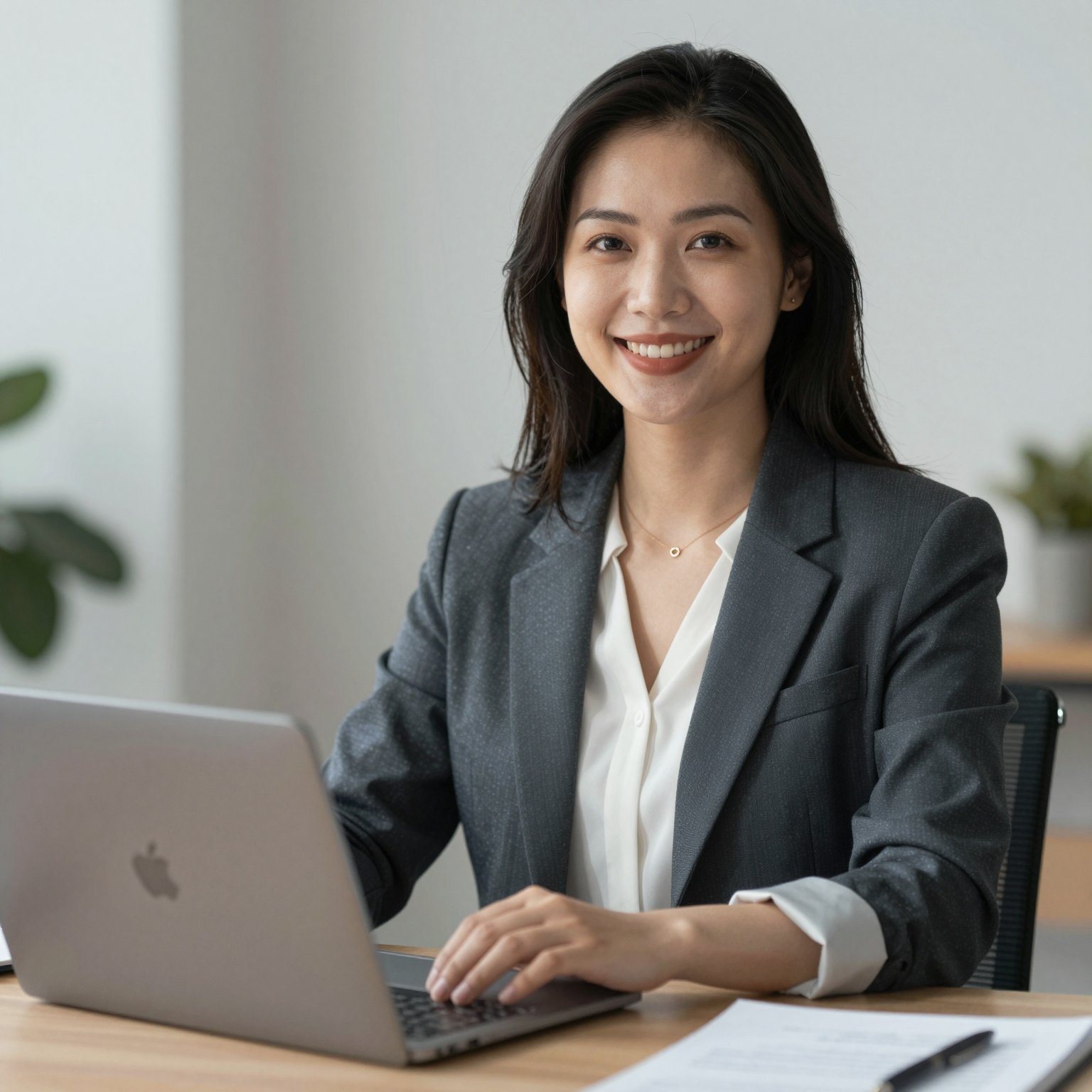 Consultant smiling at her laptop in a bright office, from a brand photo shoot