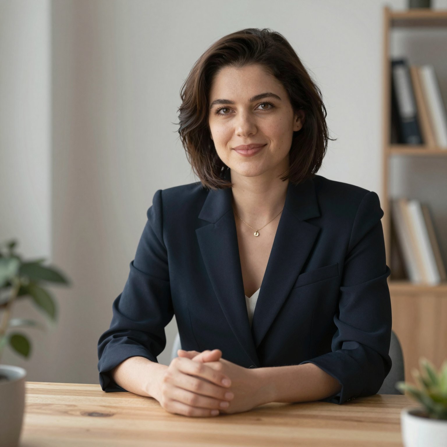 Professional in a navy blazer seated at a wooden desk