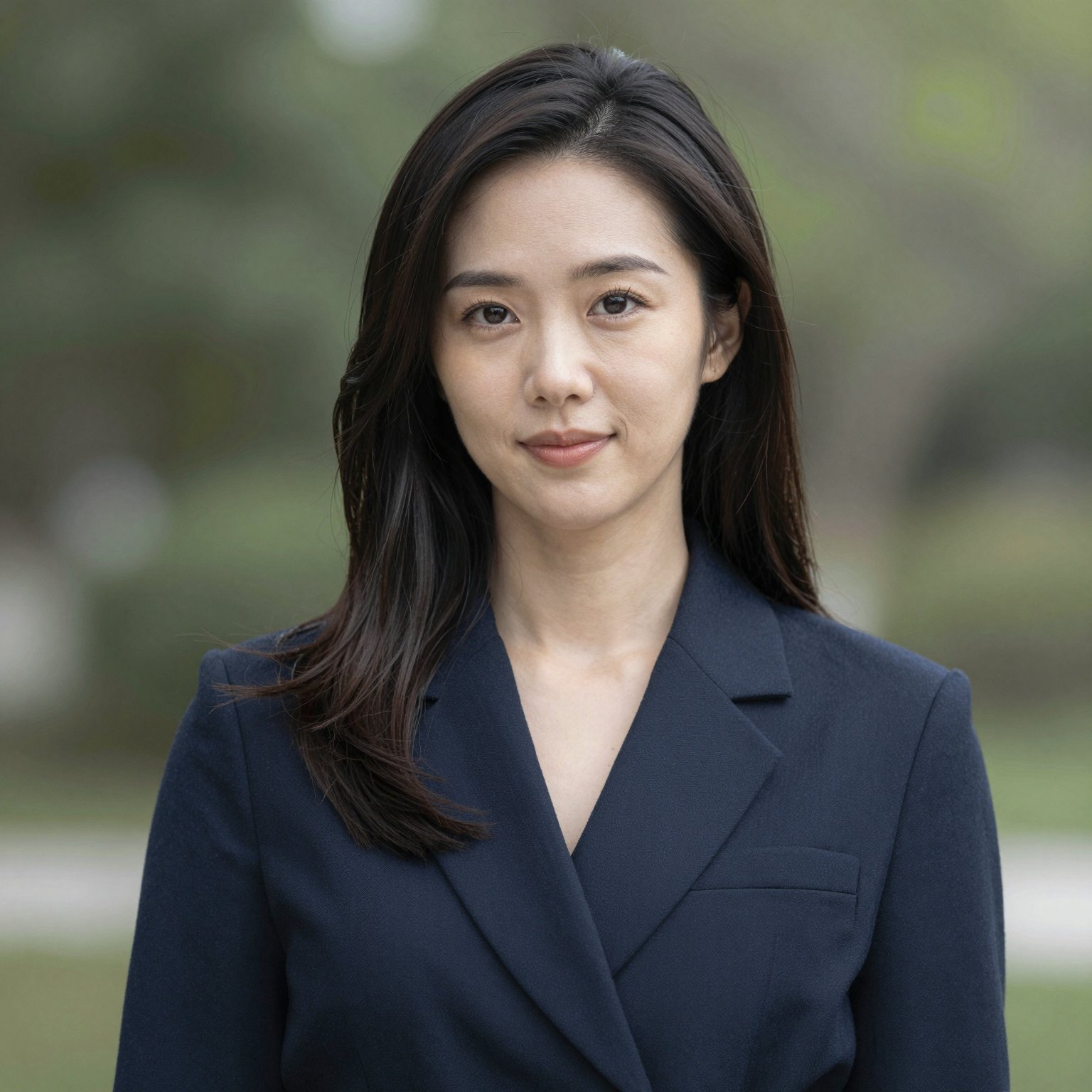 Outdoor portrait of a woman in a dark blazer