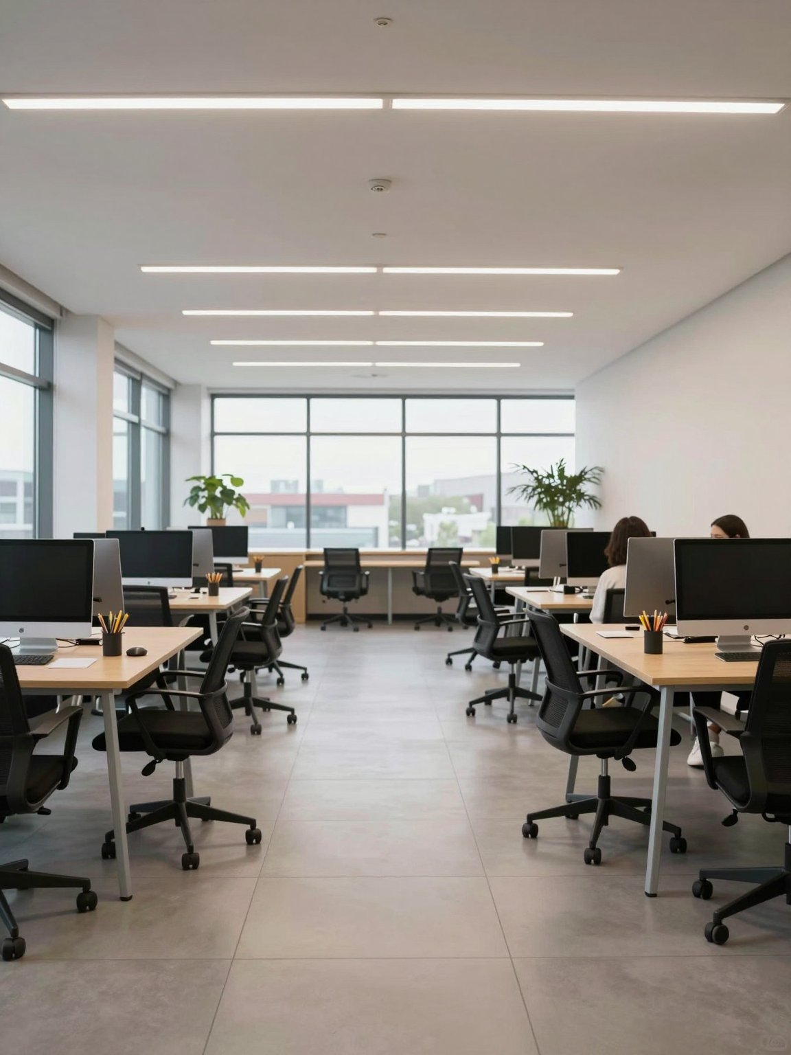 Open-plan co-working office with rows of desks and large windows