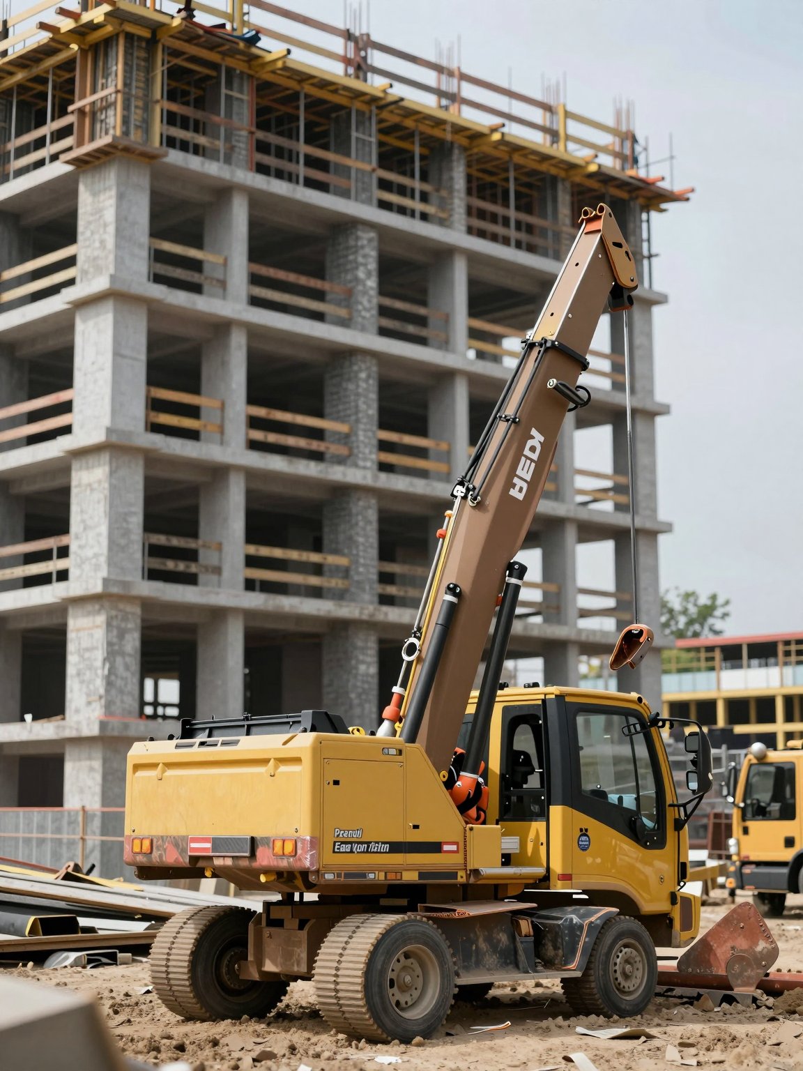 Excavator in front of a concrete building under construction
