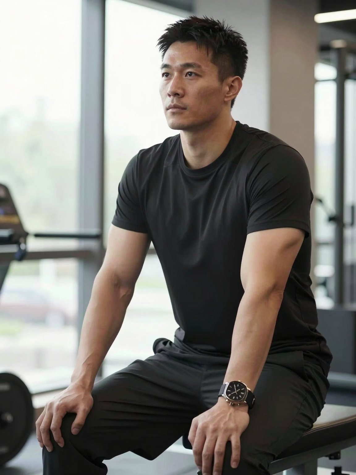 Fitness coach in a black T-shirt resting on a gym bench