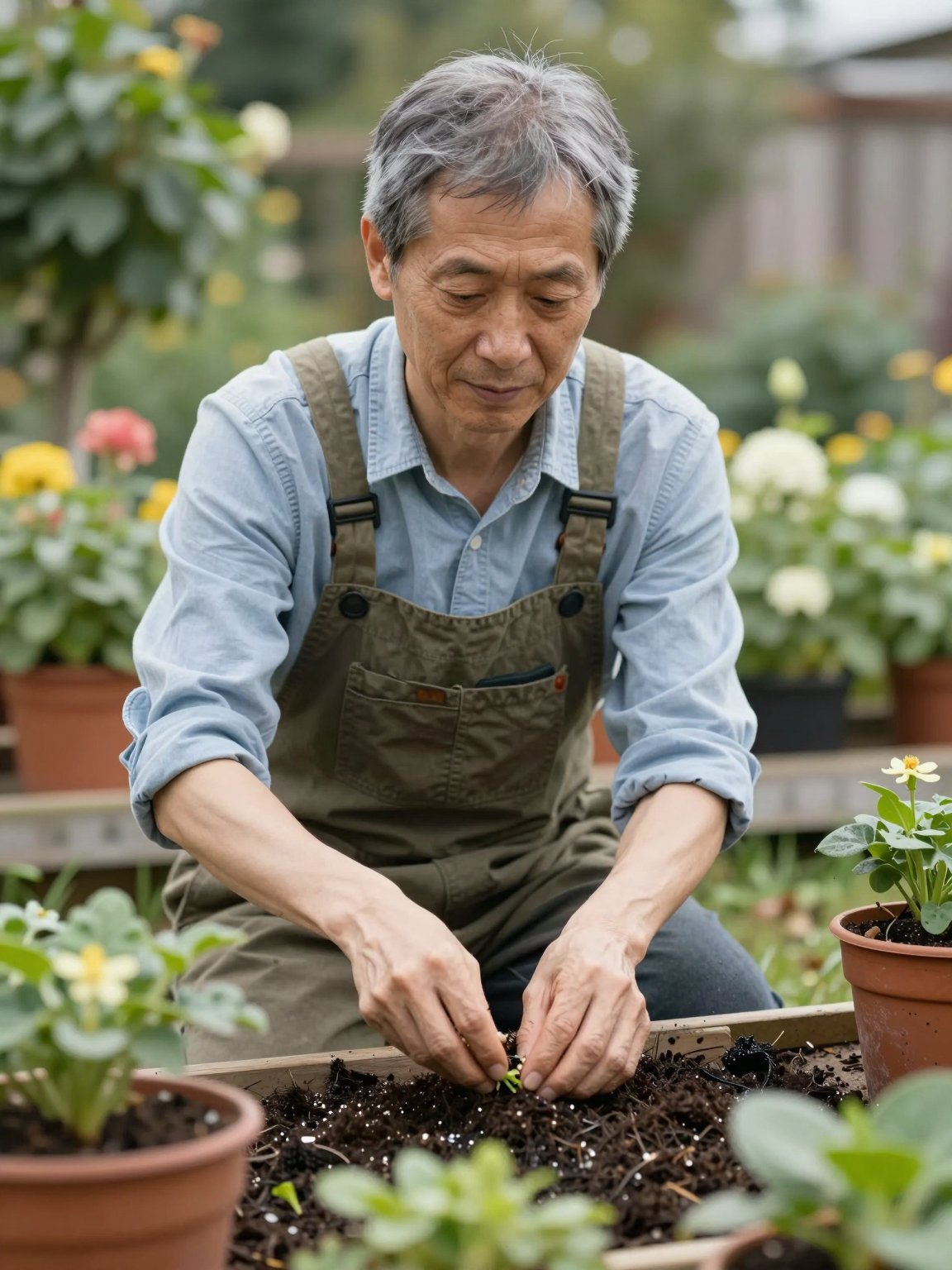 Gardener planting seedlings among potted flowers