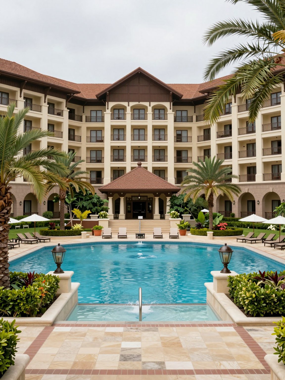 Resort hotel with palm trees around a large outdoor pool