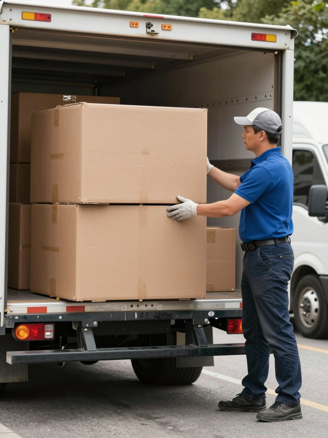 Mover loading cardboard boxes into a removal truck