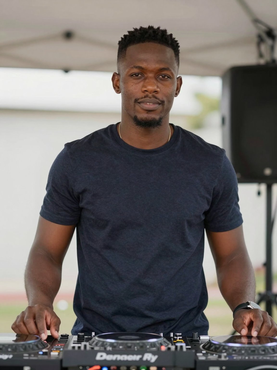 DJ in a navy T-shirt behind a mixing console