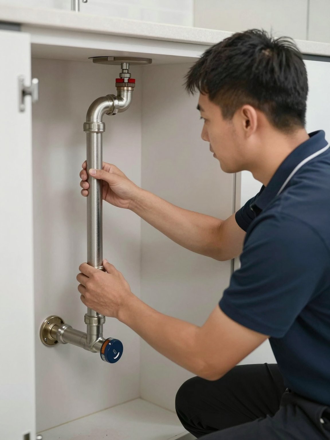 Plumber fitting pipes under a kitchen sink