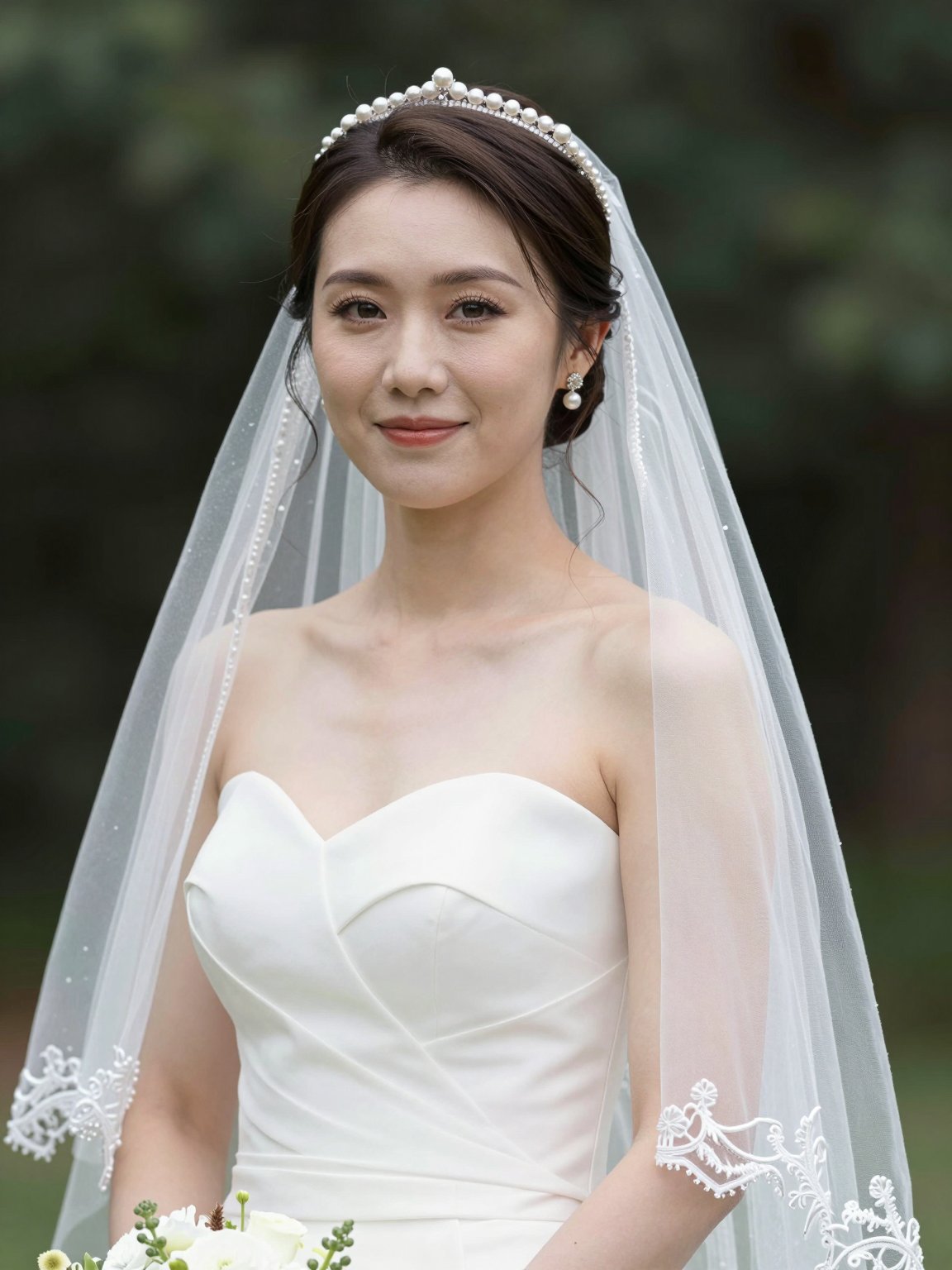 Bride in a veil and strapless gown outdoors