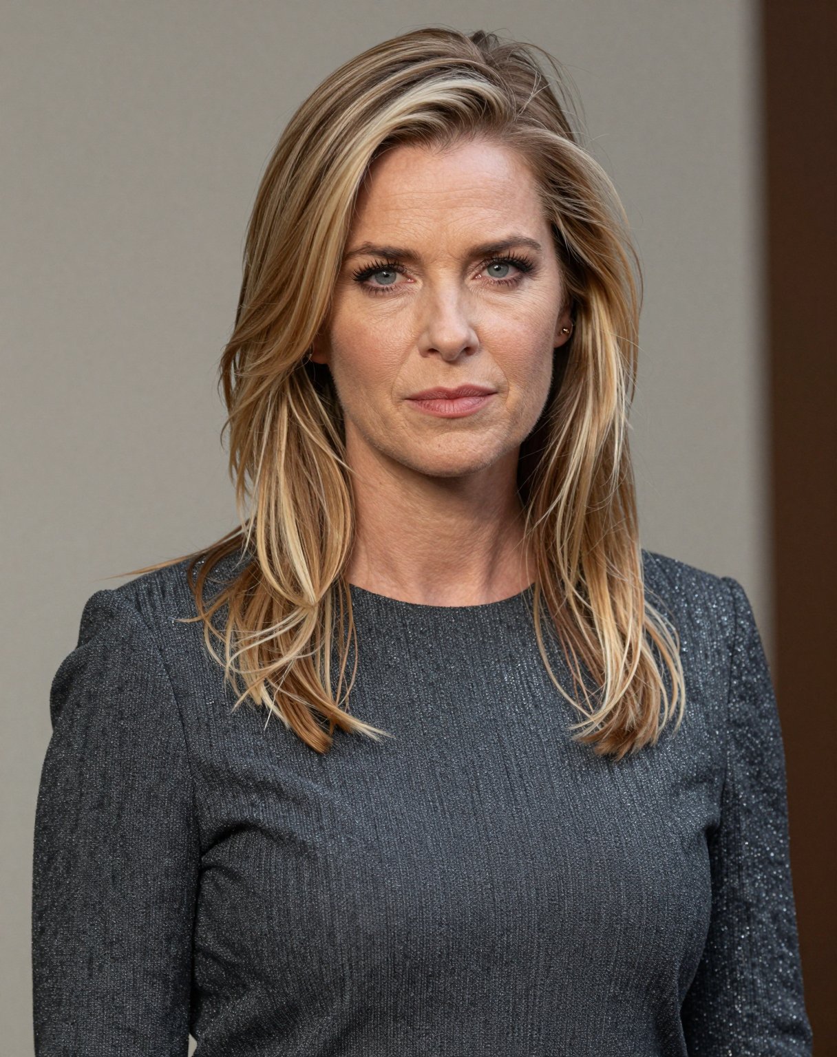 Portrait of the designer with shoulder-length blonde hair in a grey top
