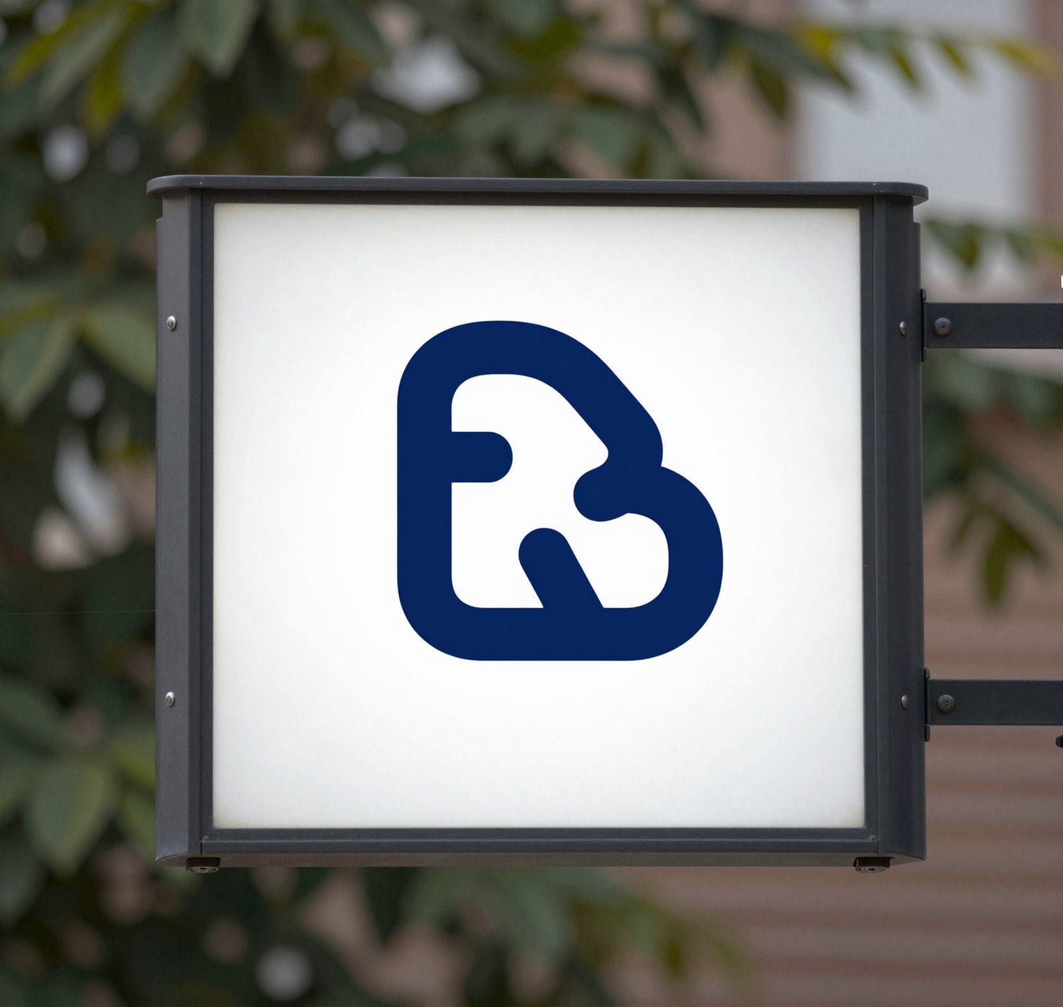 Hanging shop sign with a navy rounded logo mark