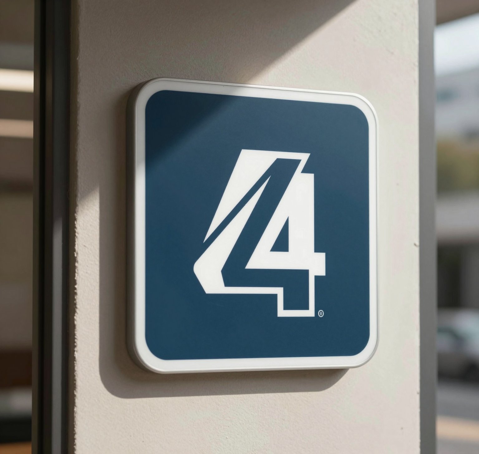 Wall-mounted navy plaque with an angular number 4 logo