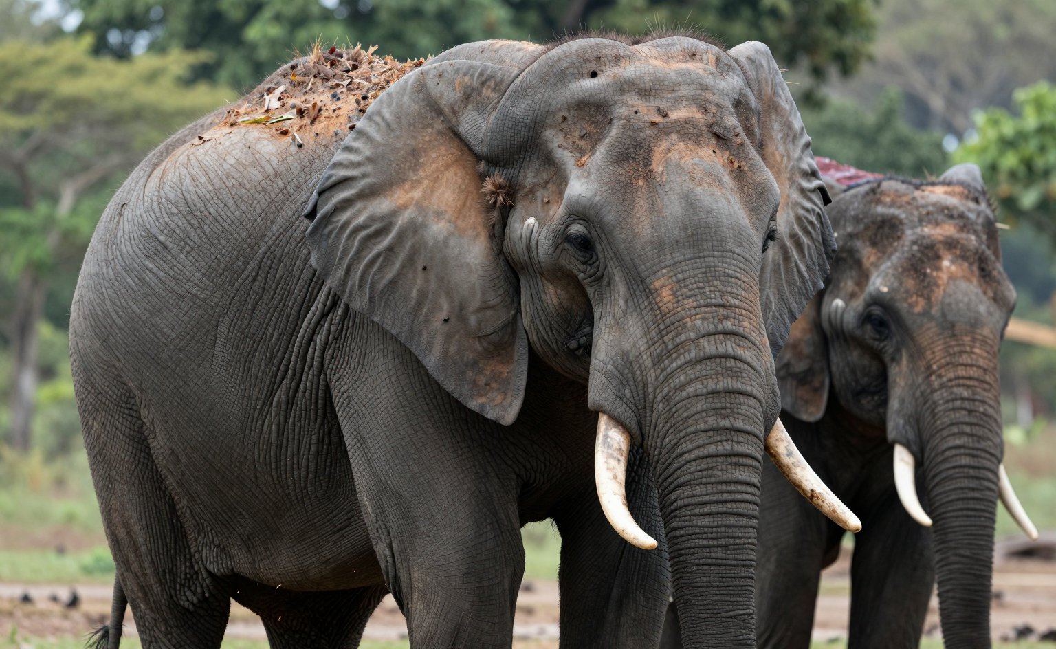 Two African elephants with dusty skin and ivory tusks at the edge of a forest