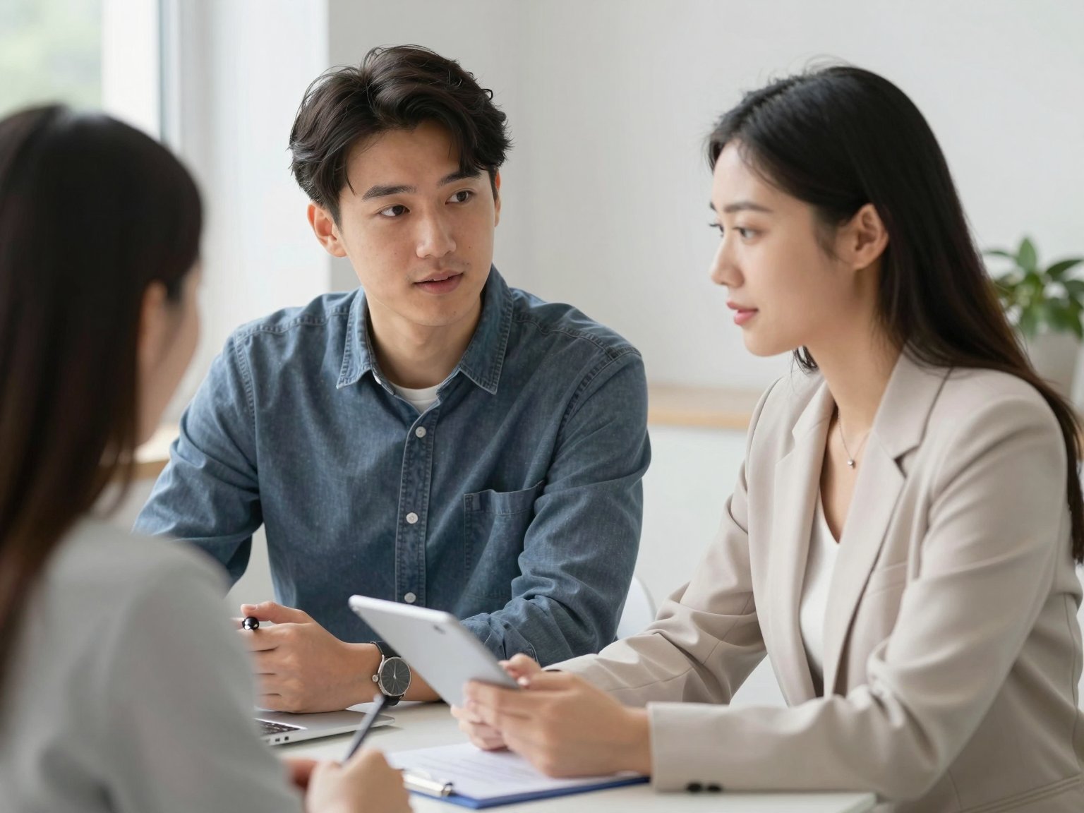 Architects meeting a client around a table with a tablet and notes