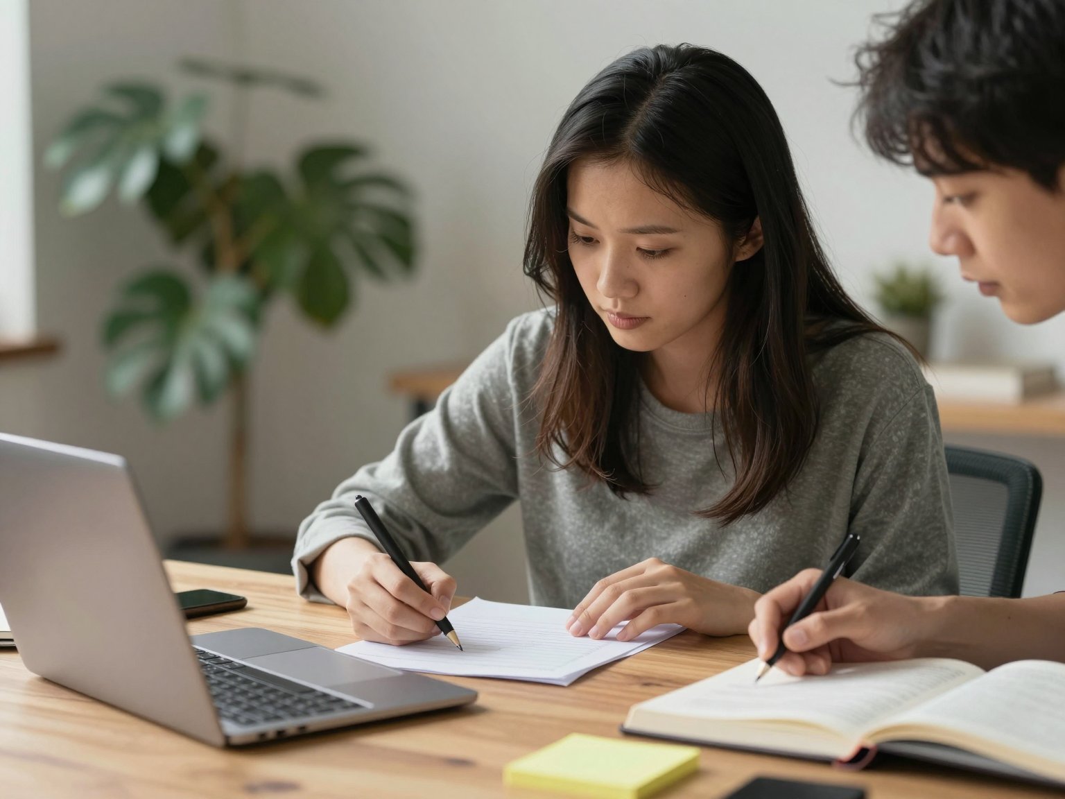 Two designers sketching plans and taking notes beside a laptop