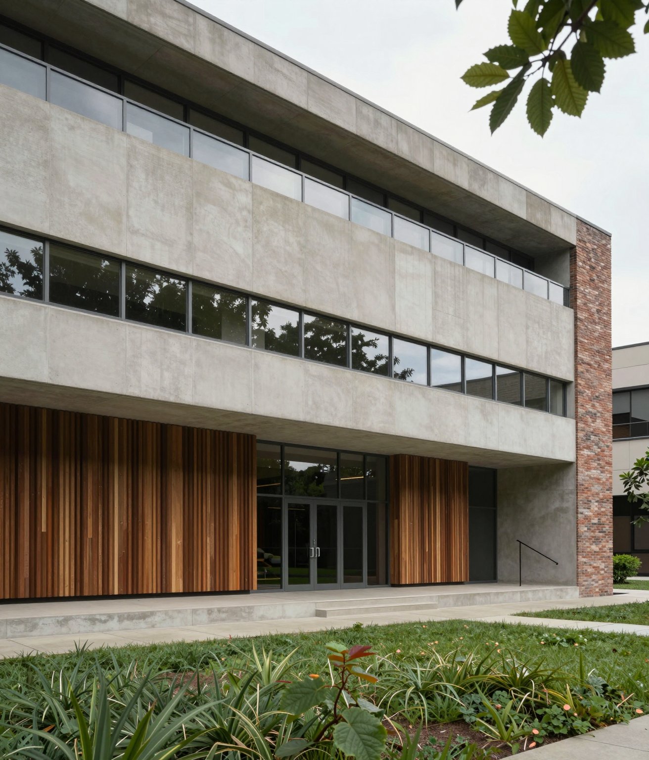 Concrete office building with timber cladding and a planted forecourt