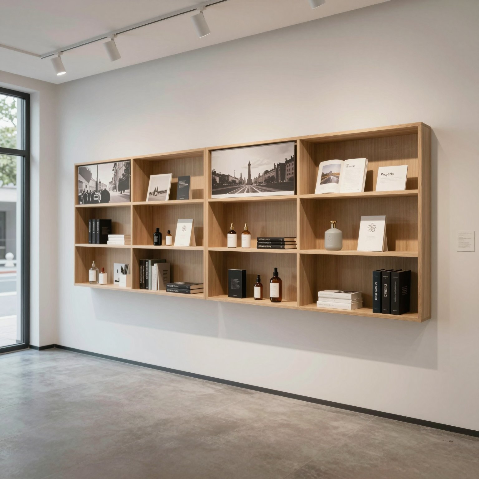 Gallery room with oak wall shelving holding books, prints and ceramics