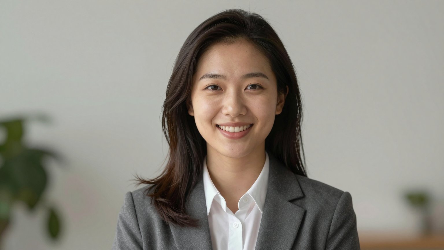 Smiling architect in a grey blazer in a bright studio