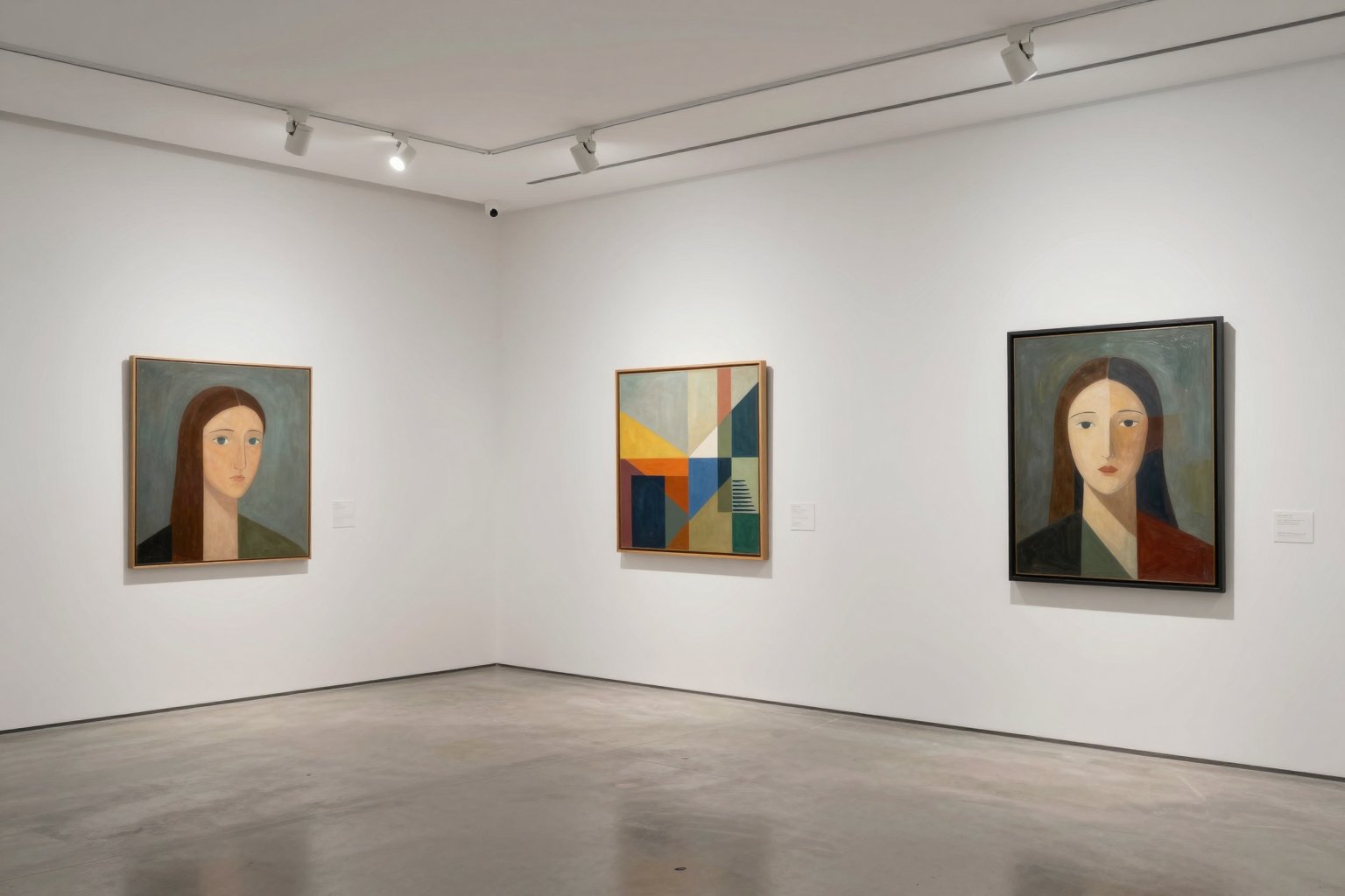 White-walled gallery room with track lighting and three framed paintings
