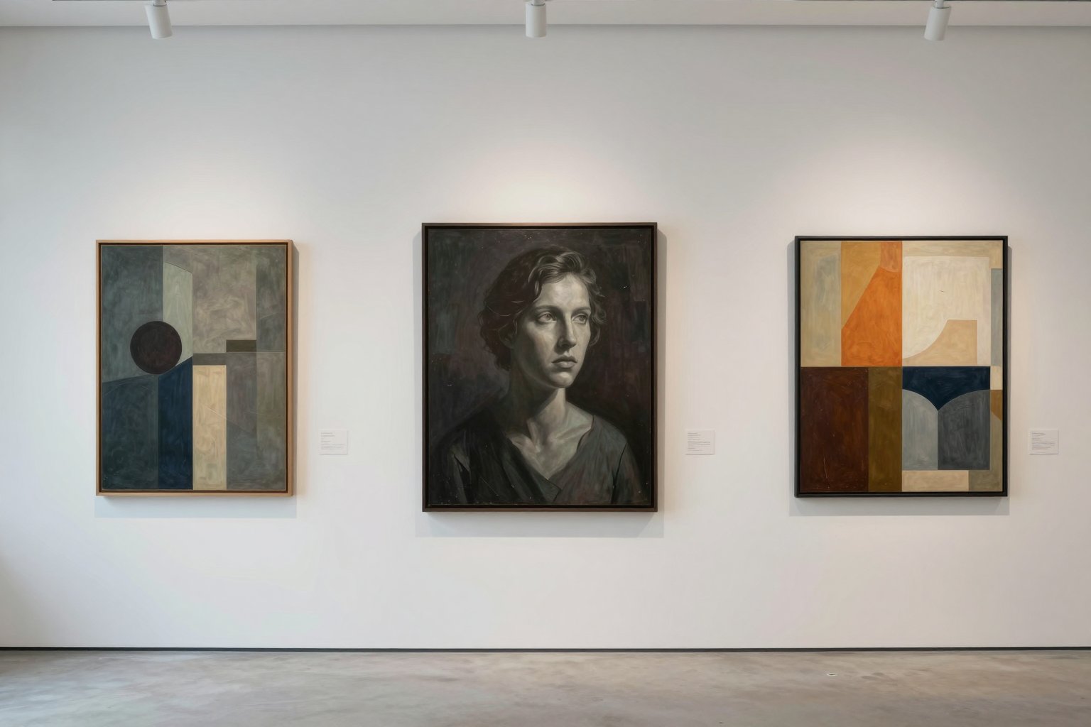Gallery wall with a charcoal portrait between two abstract paintings