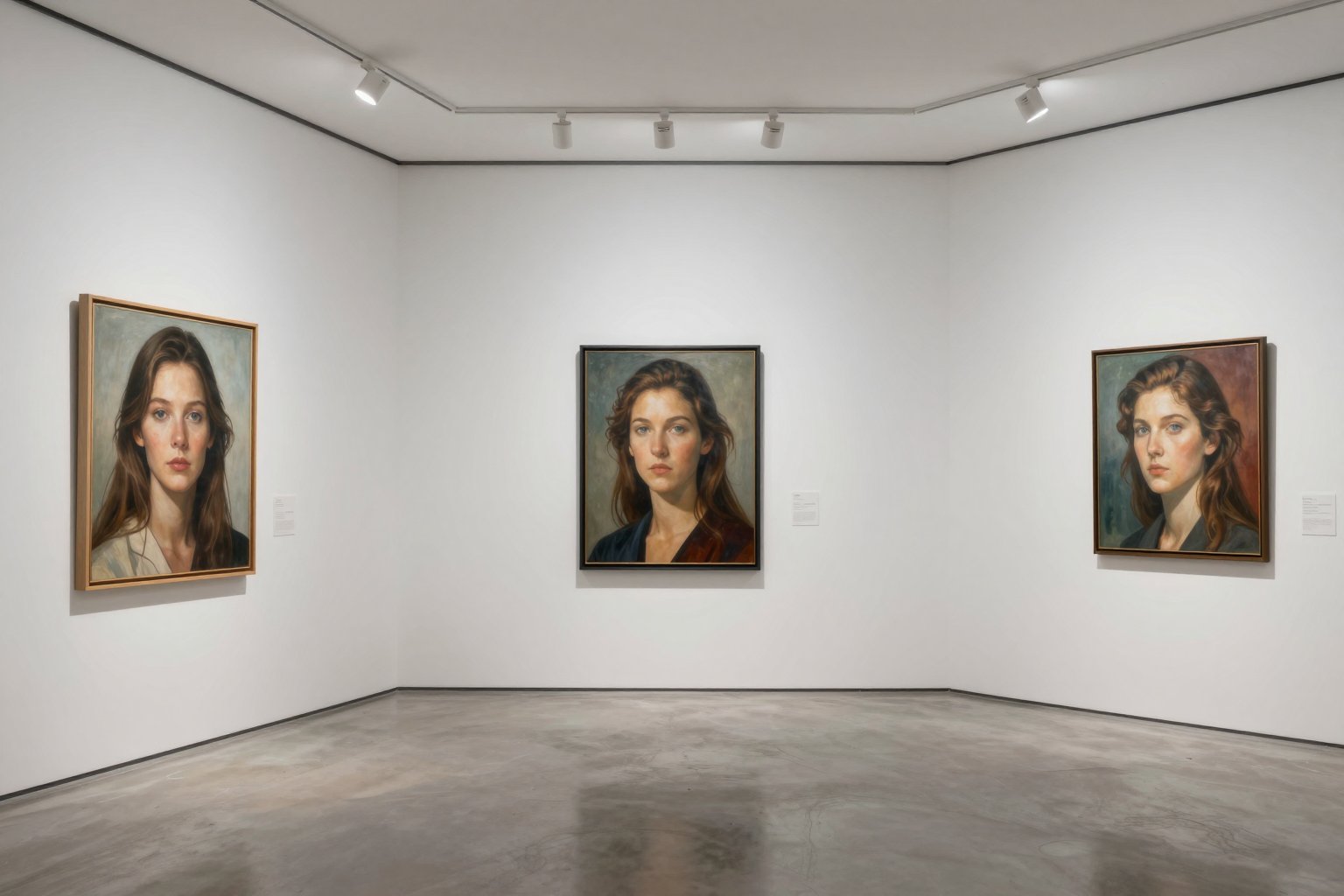 Corner of a gallery with three framed portrait paintings and a polished concrete floor
