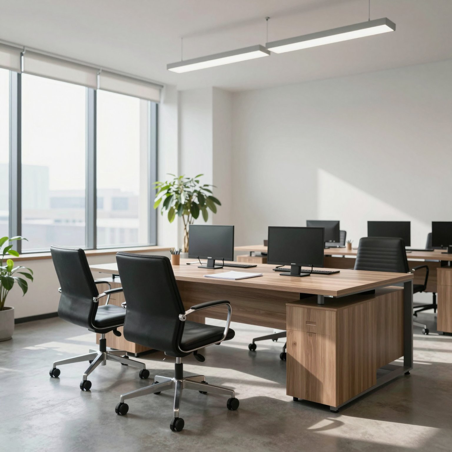 Bright open-plan studio with wooden desks, monitors and black office chairs