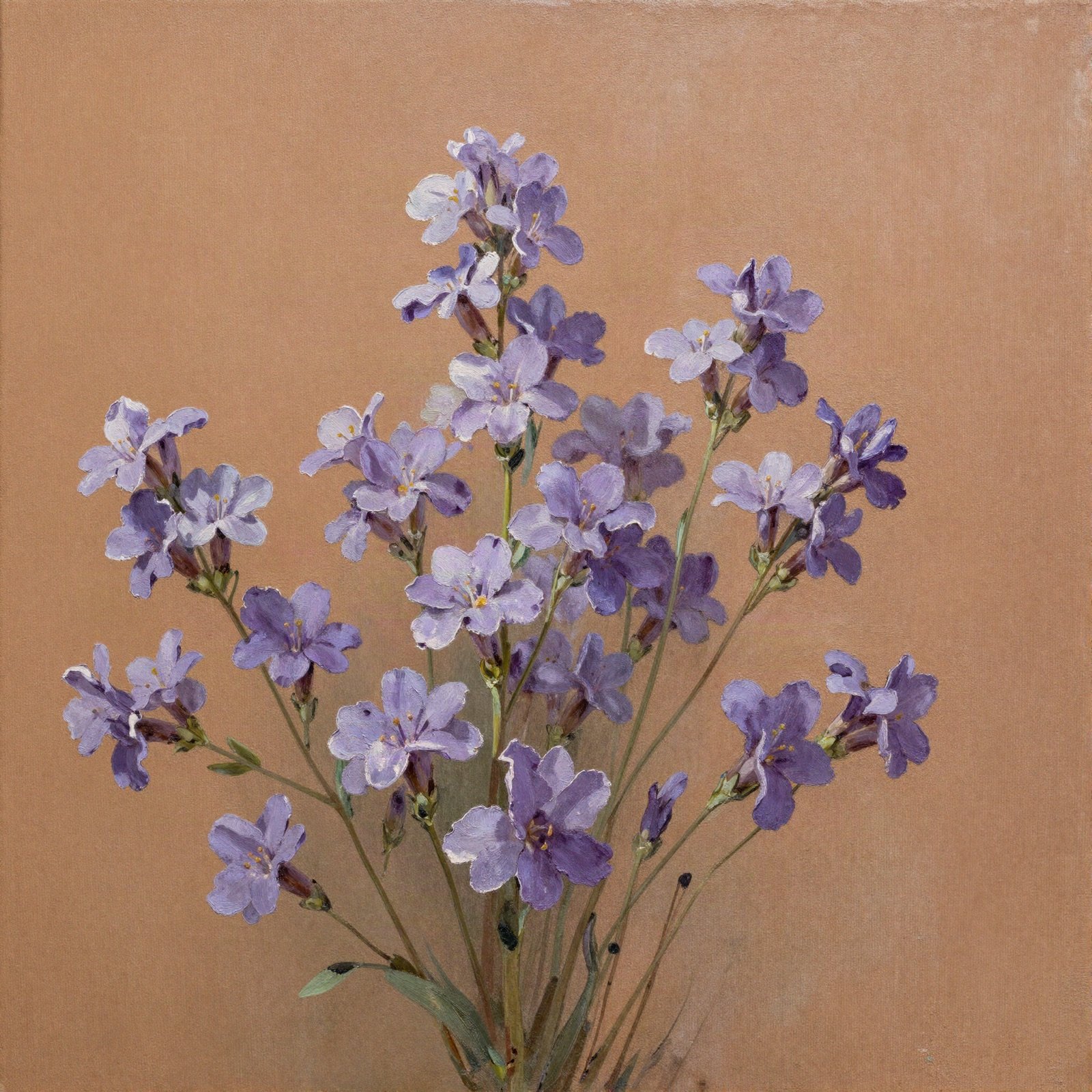 Acrylic painting of delicate purple flowers on a warm ochre background