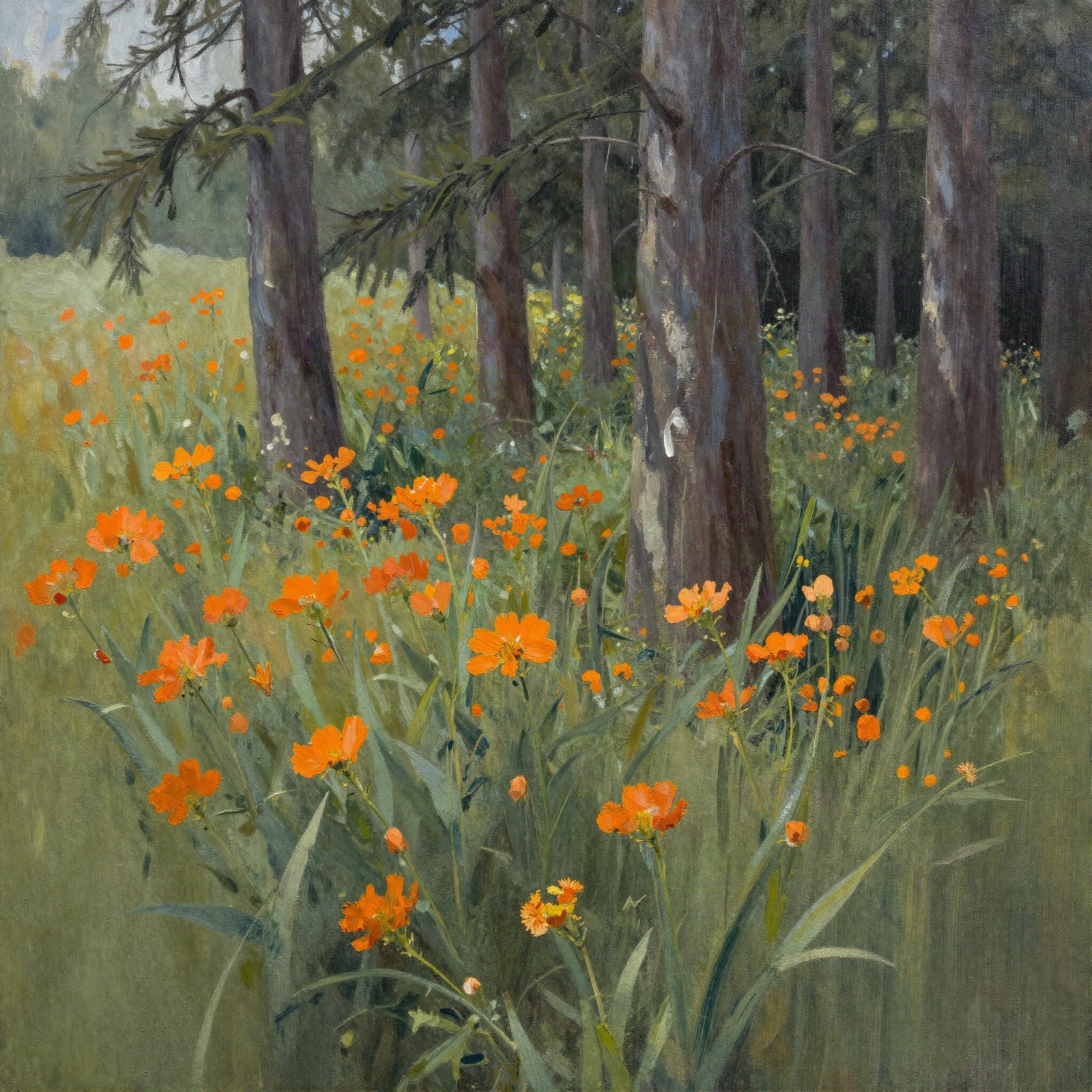 Acrylic painting of orange wildflowers beneath tall dark cedar trees