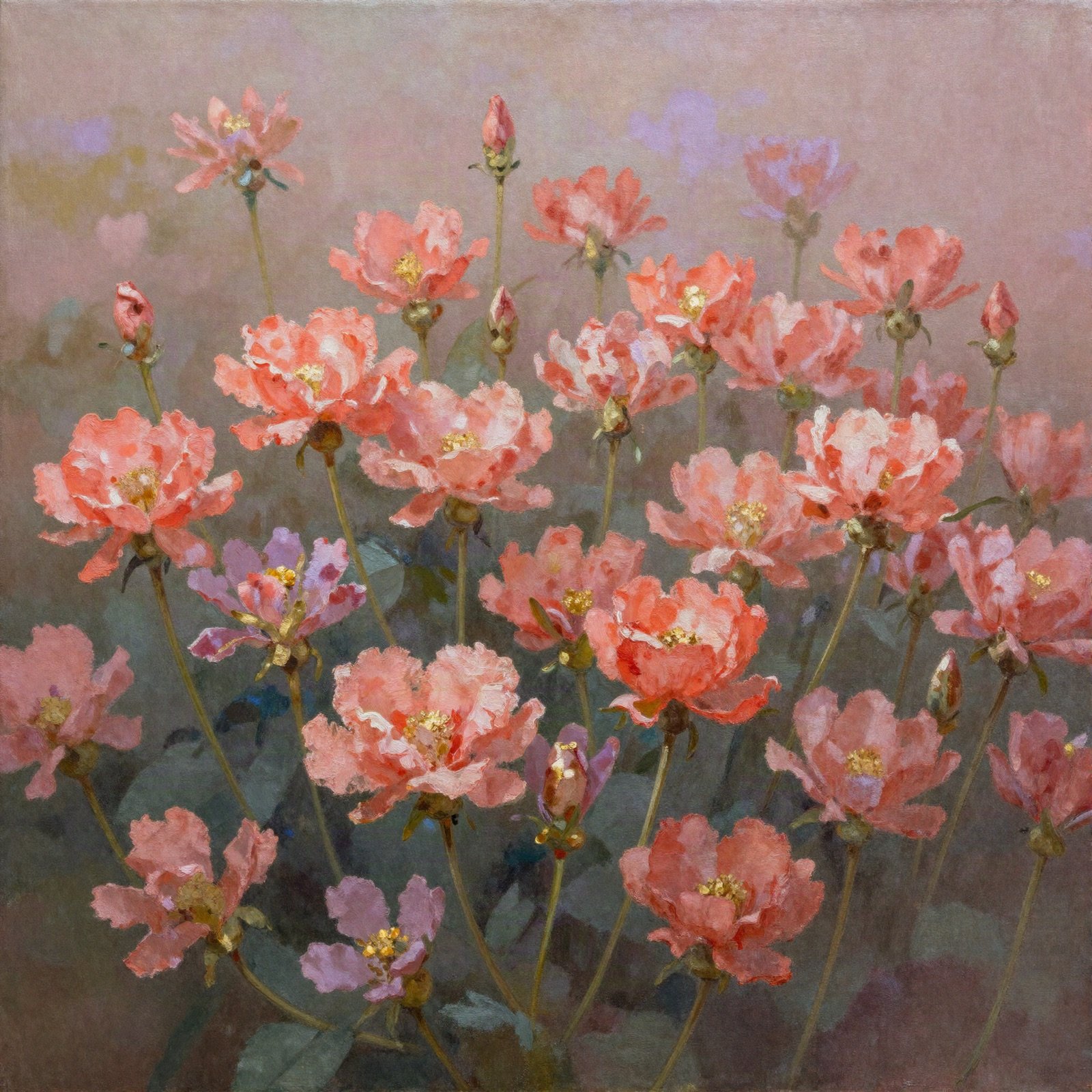 Acrylic painting of a dense bed of coral and pink blossoms