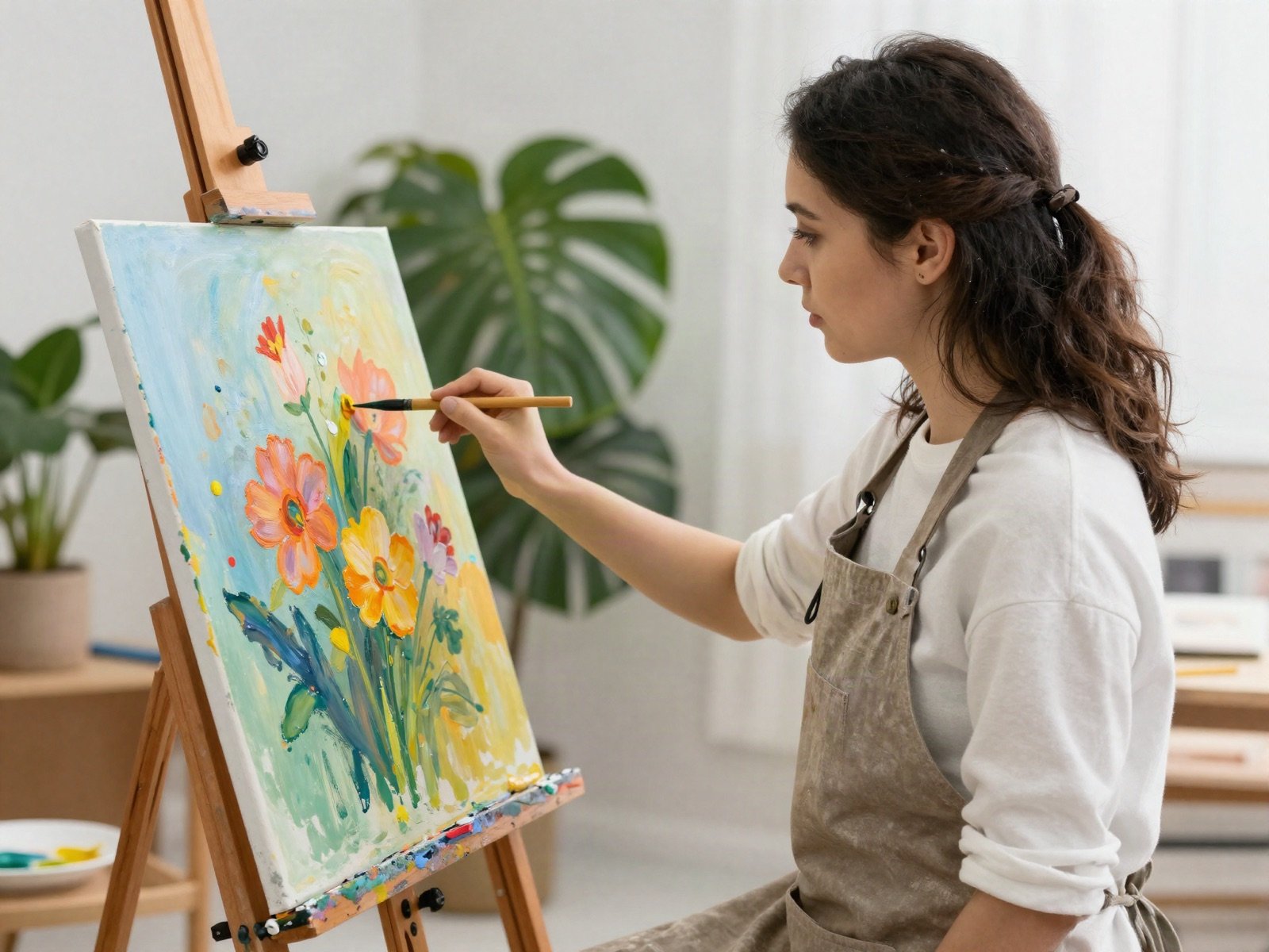 A painter in an apron working on a colourful floral canvas at her easel