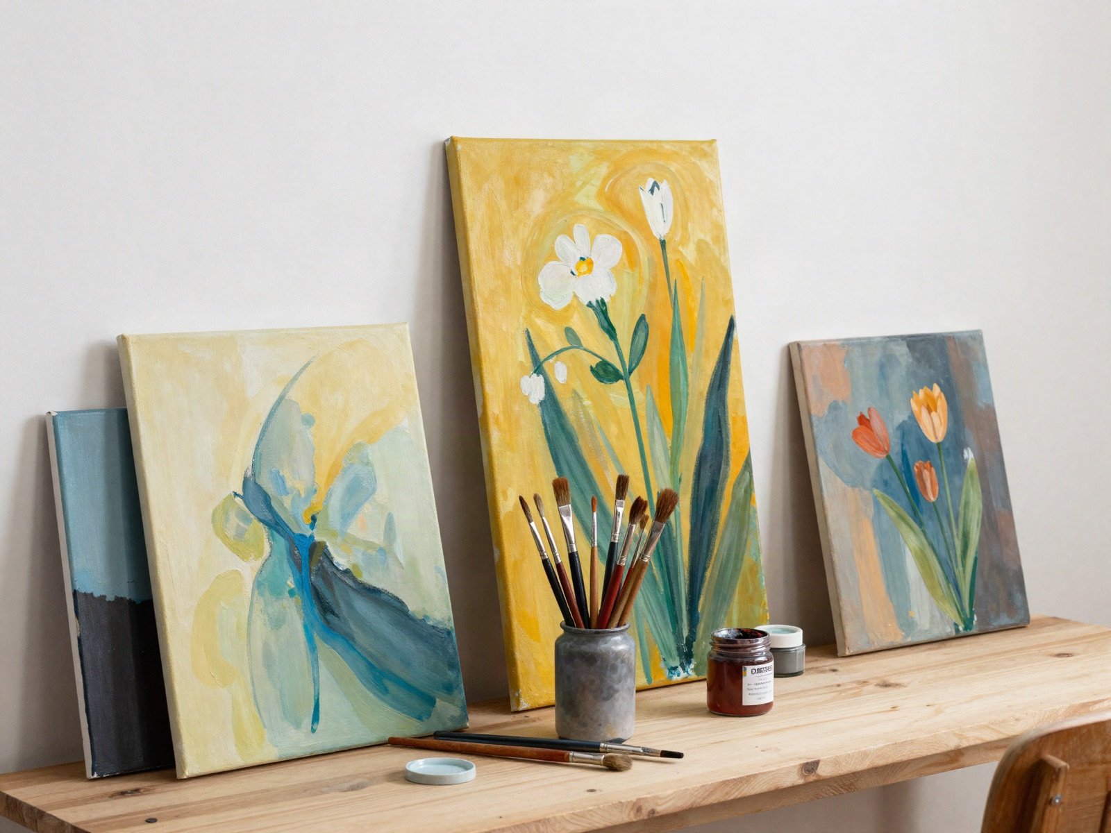 Colourful floral and abstract canvases leaning against a studio wall