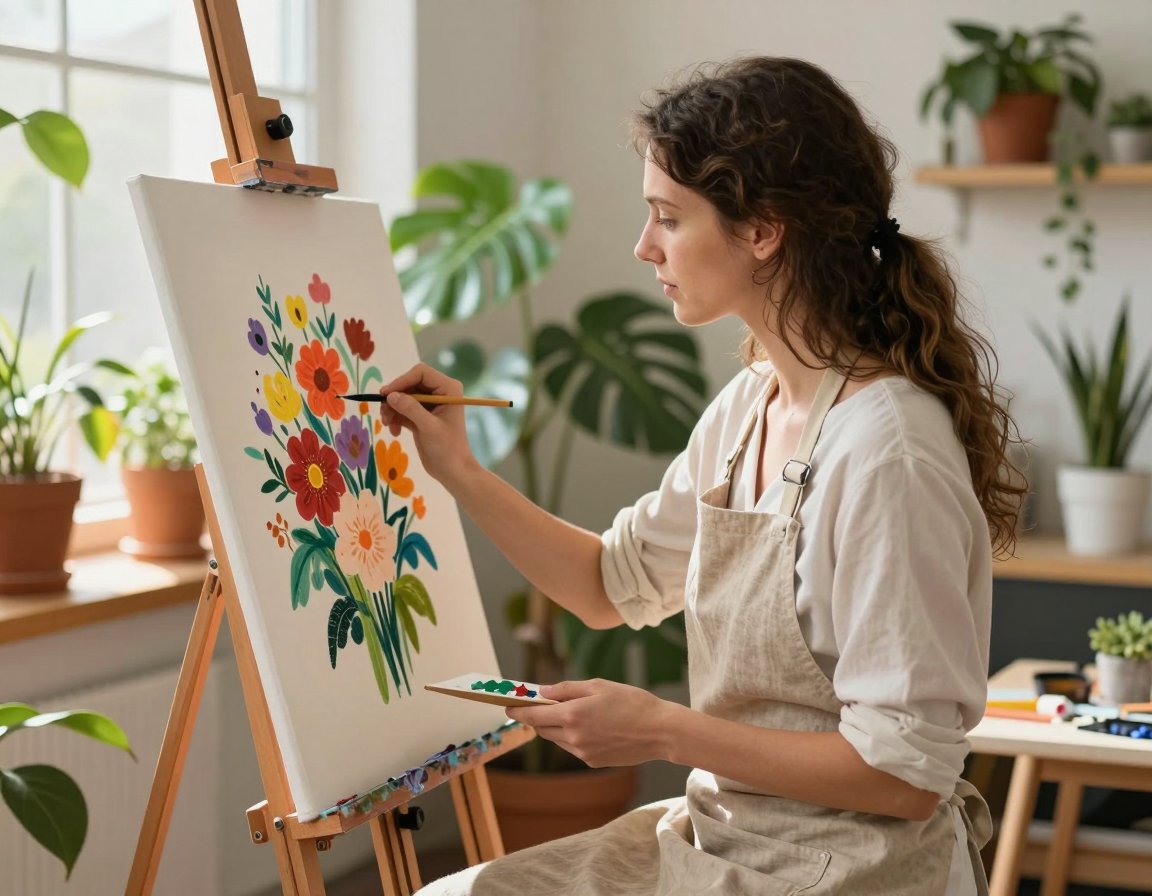 A painter in an apron working on a floral canvas at her easel in a sunlit studio