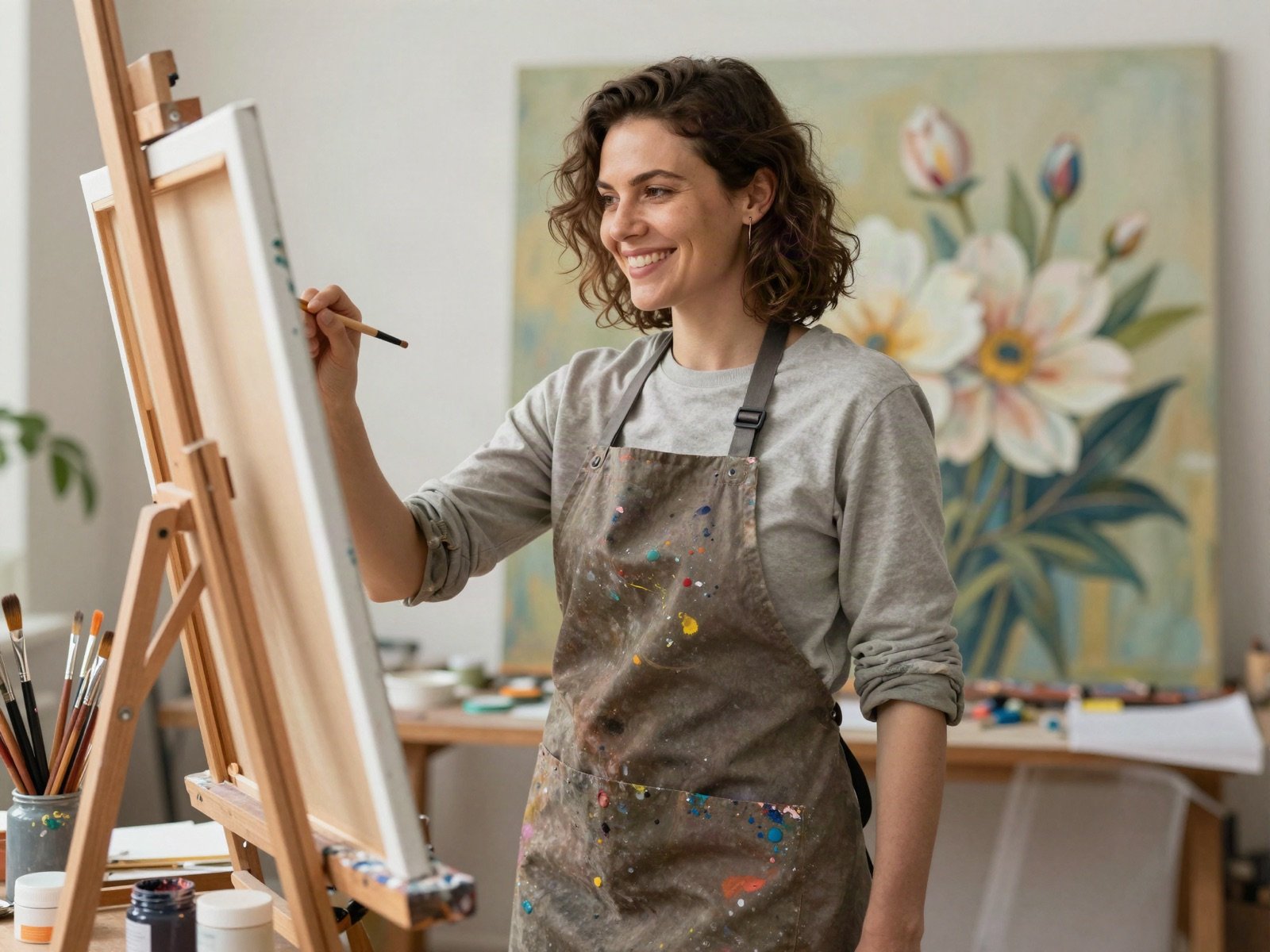 Smiling painter in a paint-splattered apron working at her easel