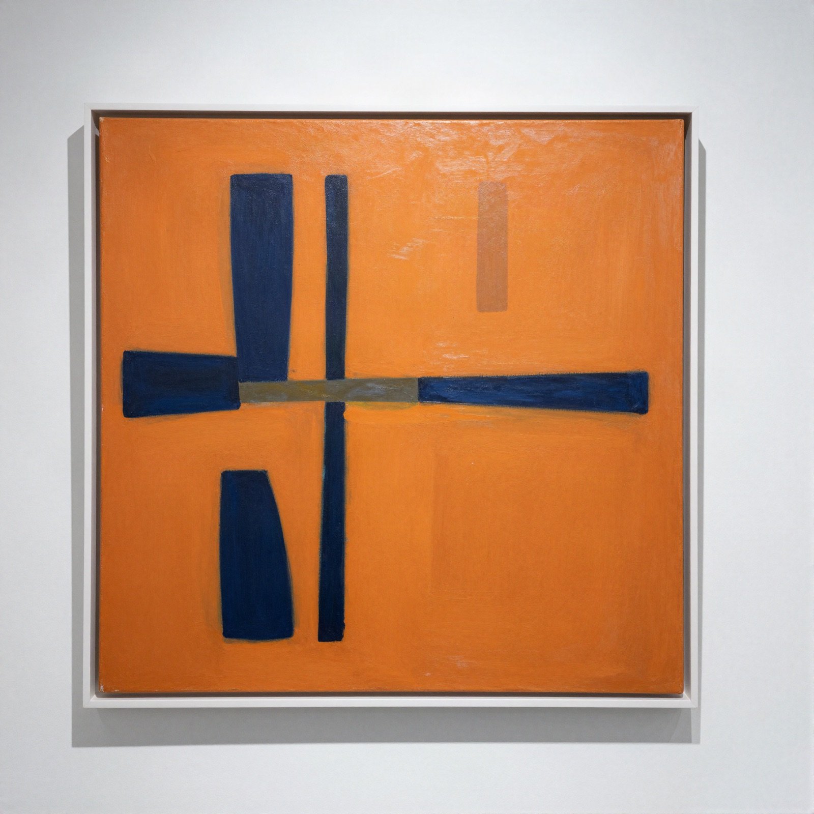 Abstract painting with navy bars on an orange ground