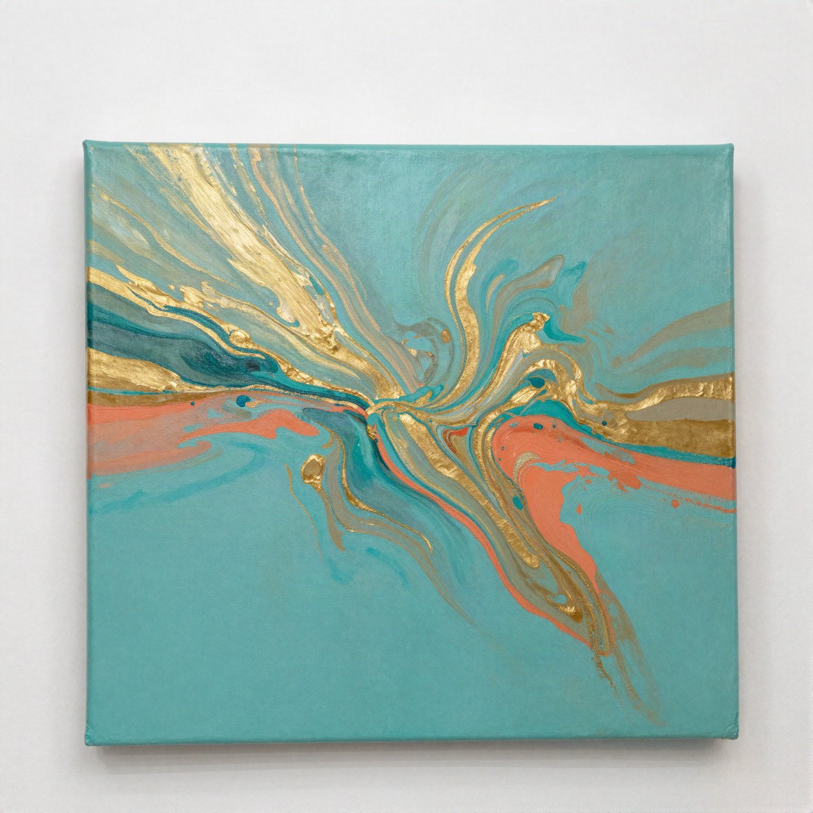 Abstract painting with teal, gold and coral swirls