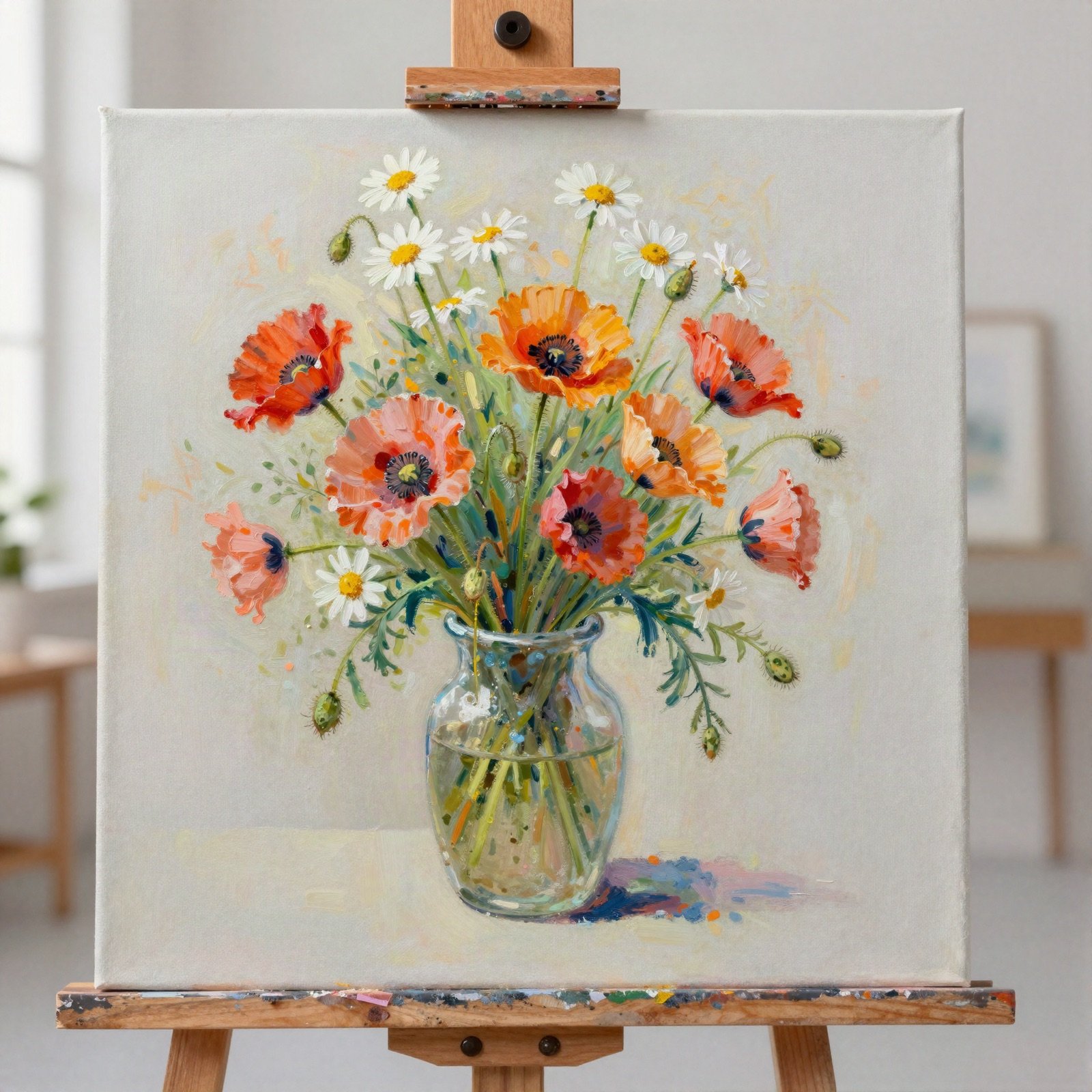 Painting of poppies and daisies in a glass vase on an easel