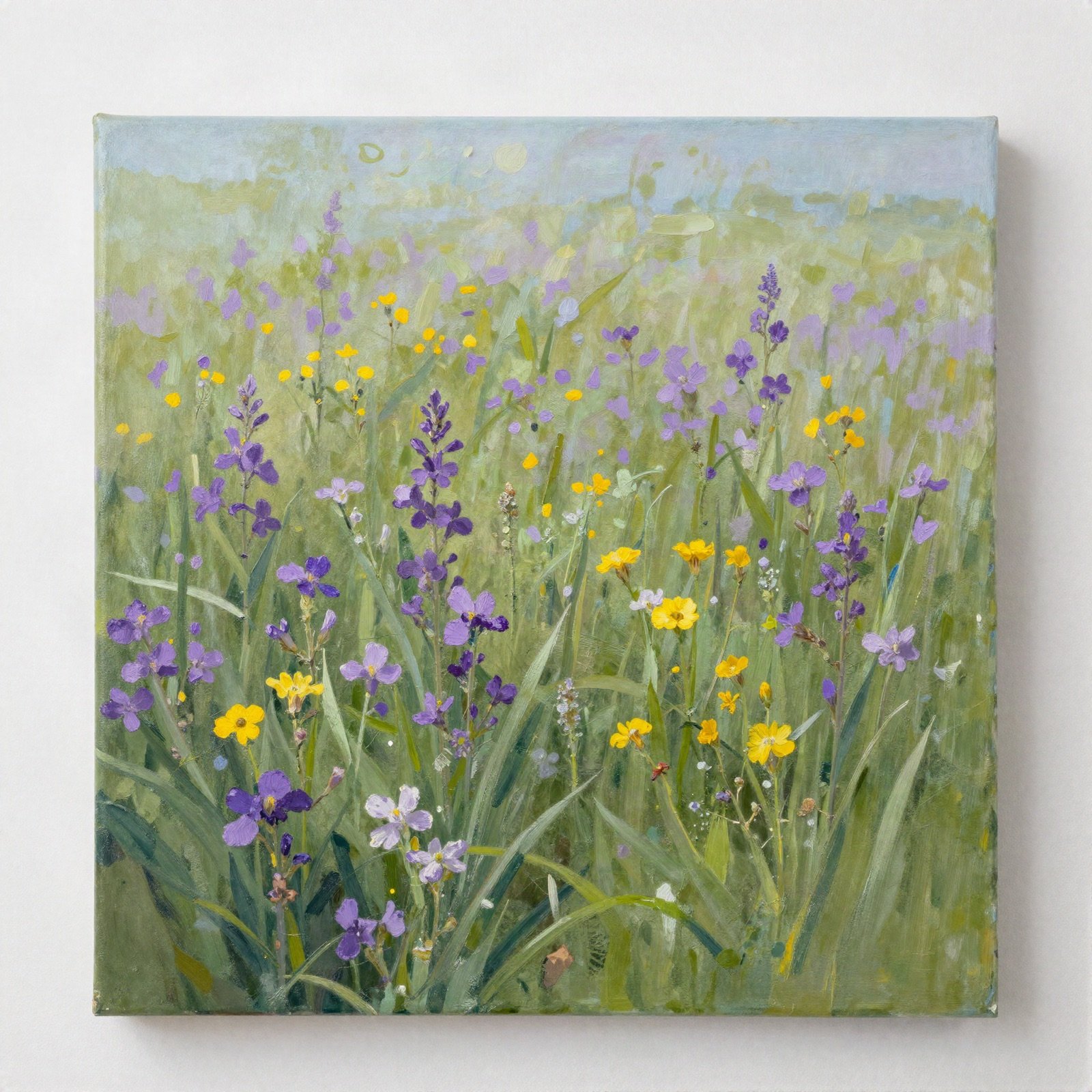 Painting of a meadow of purple and yellow wildflowers