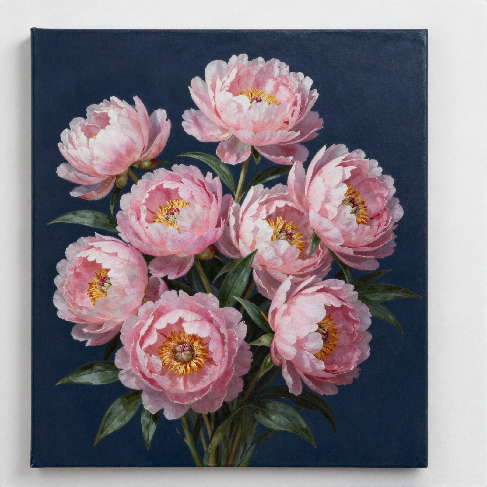 Painting of pink peonies on a deep navy background
