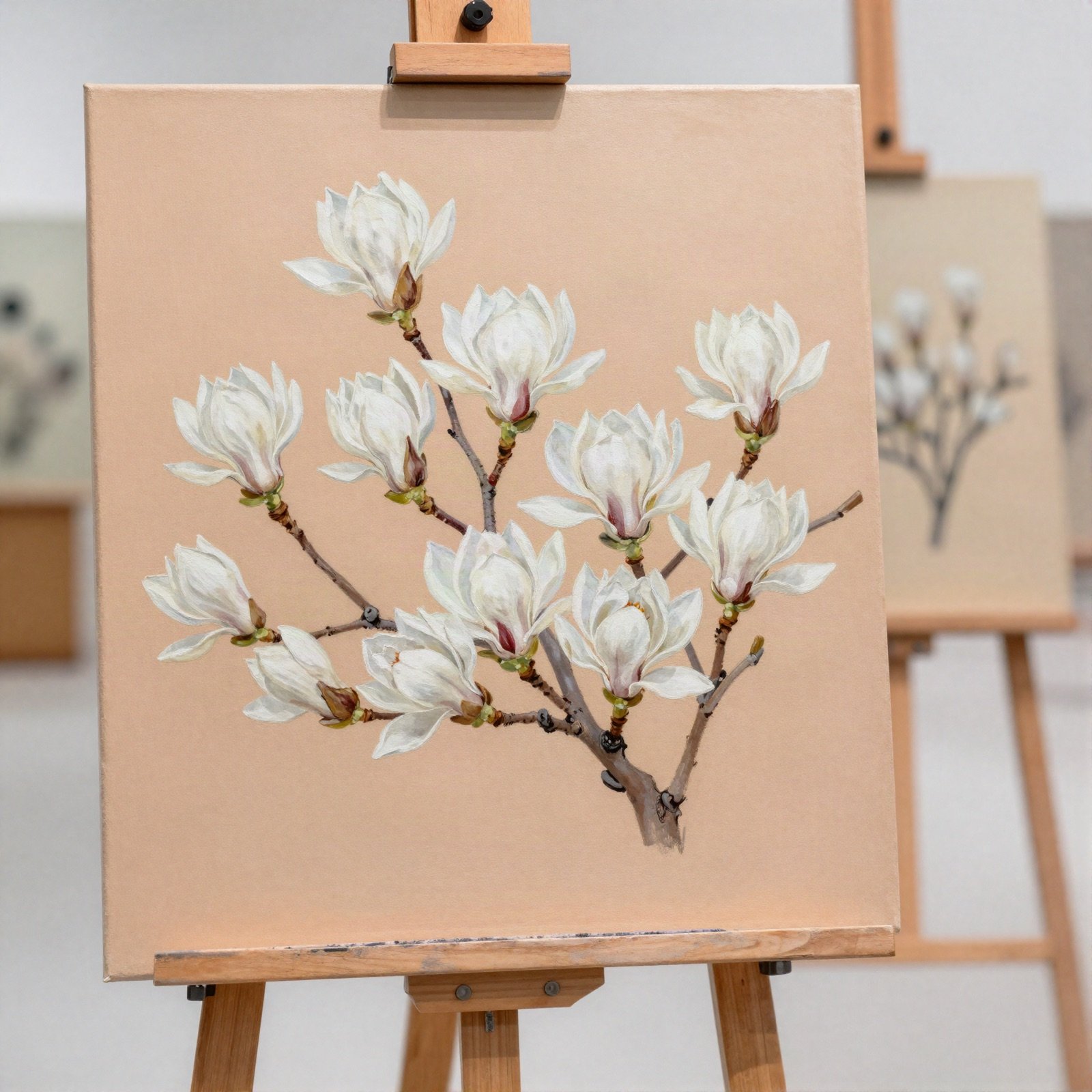 Painting of white magnolia branches on an easel
