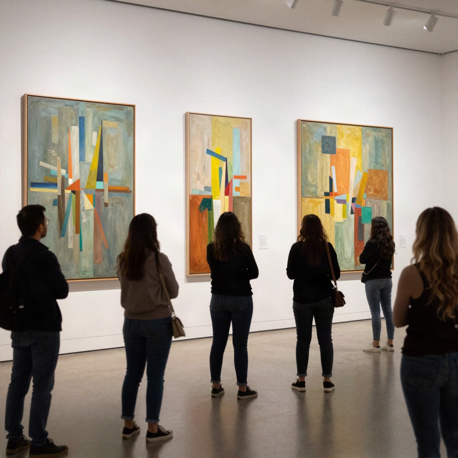 Visitors looking at large abstract paintings in a gallery hall