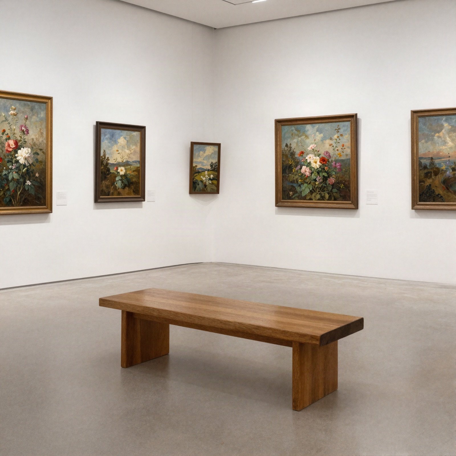 Quiet gallery room with framed floral paintings and a wooden bench