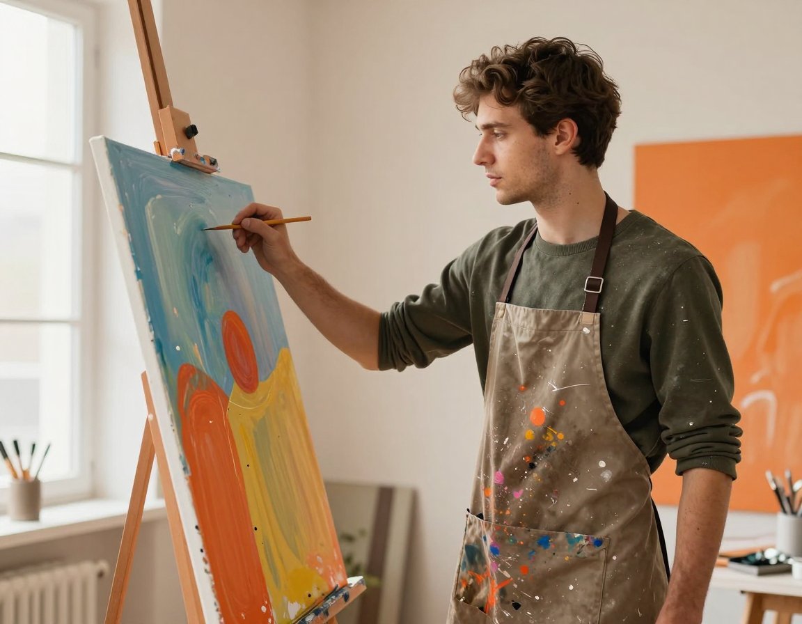 Ziad, a young painter in a paint-splattered apron, beside a large colourful canvas in his studio