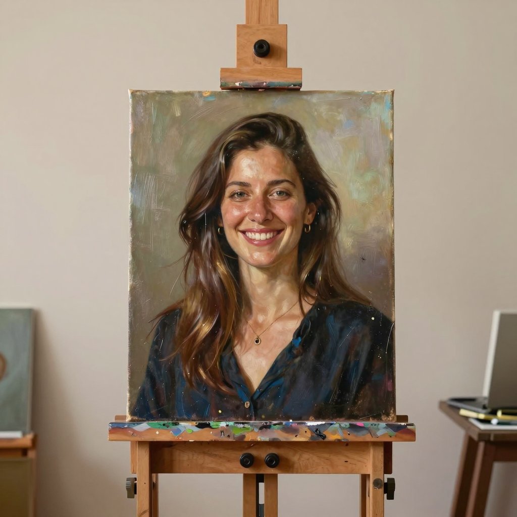 An oil portrait of a smiling woman on an easel