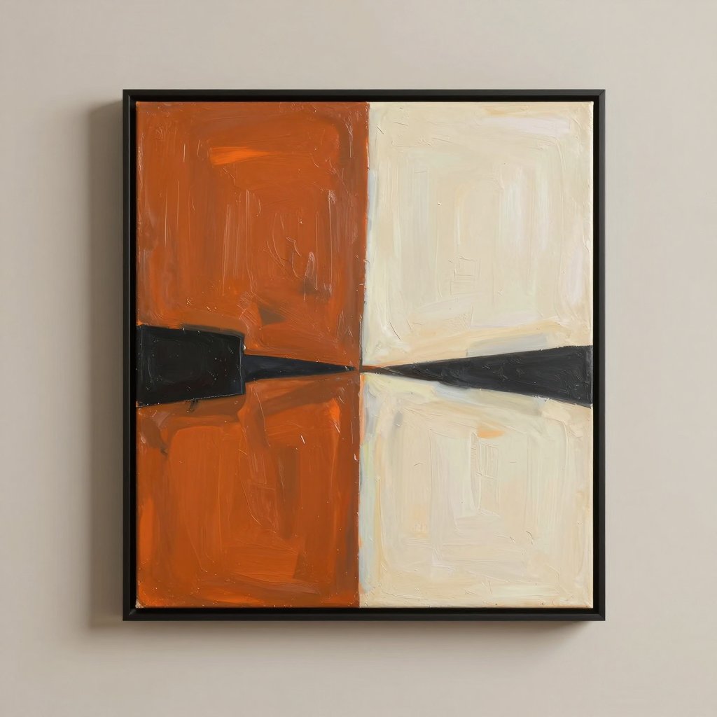 A framed abstract painting in burnt orange, cream and charcoal