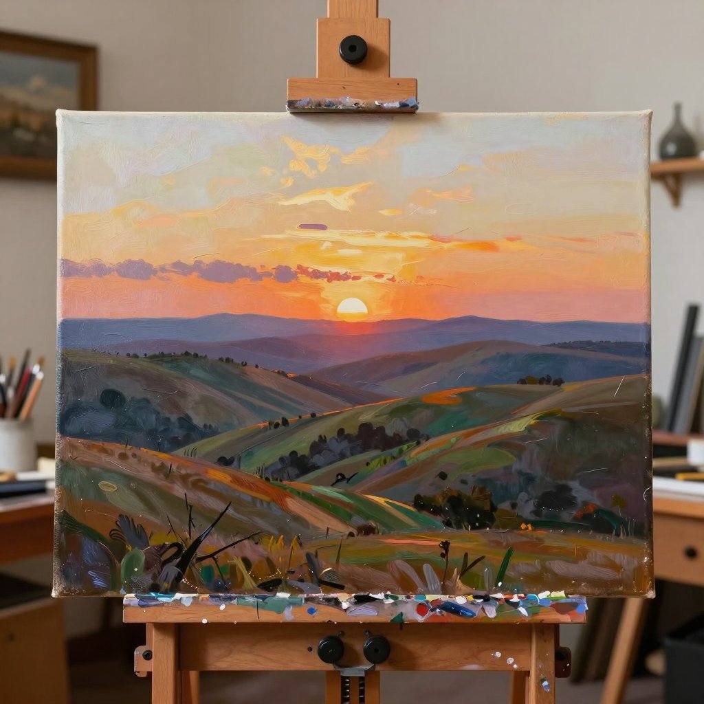 A landscape painting of rolling hills at sunset on an easel