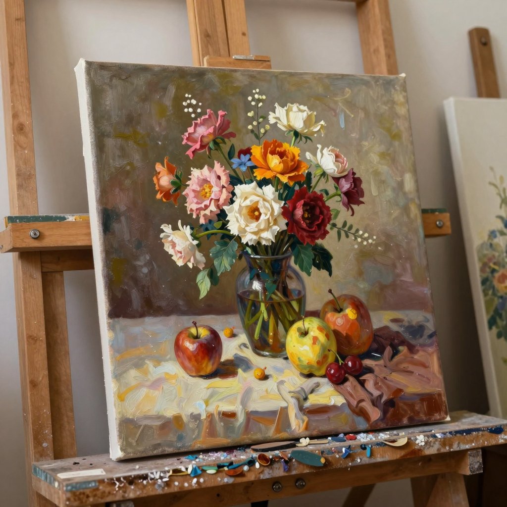 A still life painting of flowers in a vase and fruit